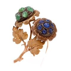 Buccellati Vintage Emerald Sapphire Yellow Gold Floral Pin Brooch