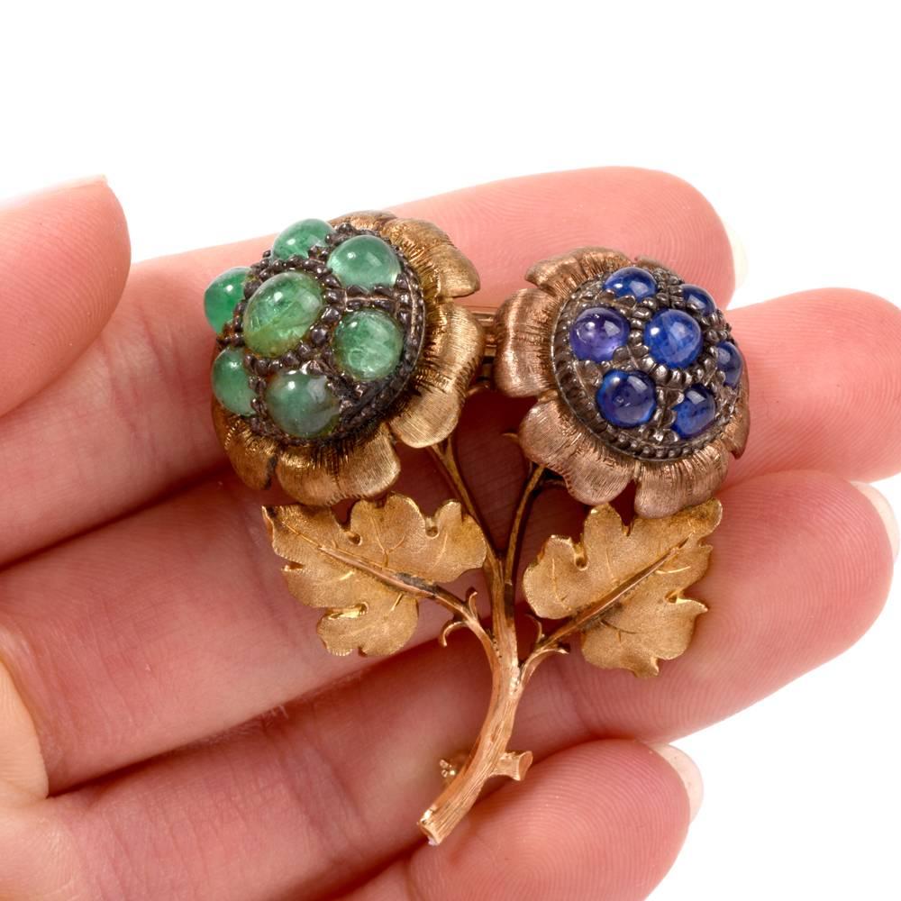 Buccellati Vintage Emerald Sapphire Yellow Gold Floral Pin Brooch In Excellent Condition For Sale In Miami, FL