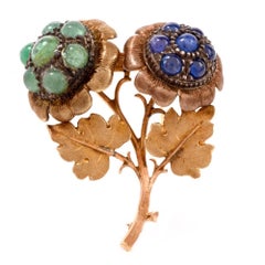 Buccellati Vintage Emerald Sapphire Yellow Gold Floral Pin Brooch