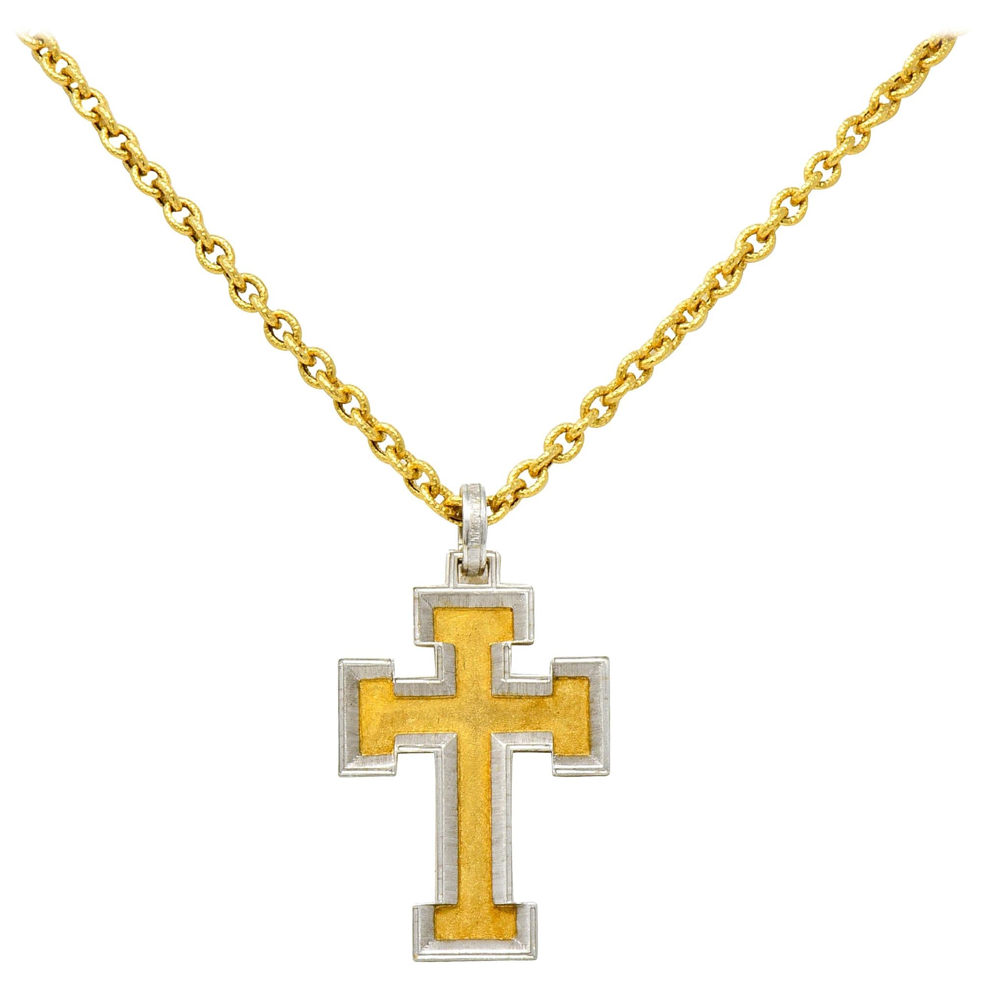 Buccellati Vintage Italian Platinum 18 Karat Gold Cross Pendant Necklace