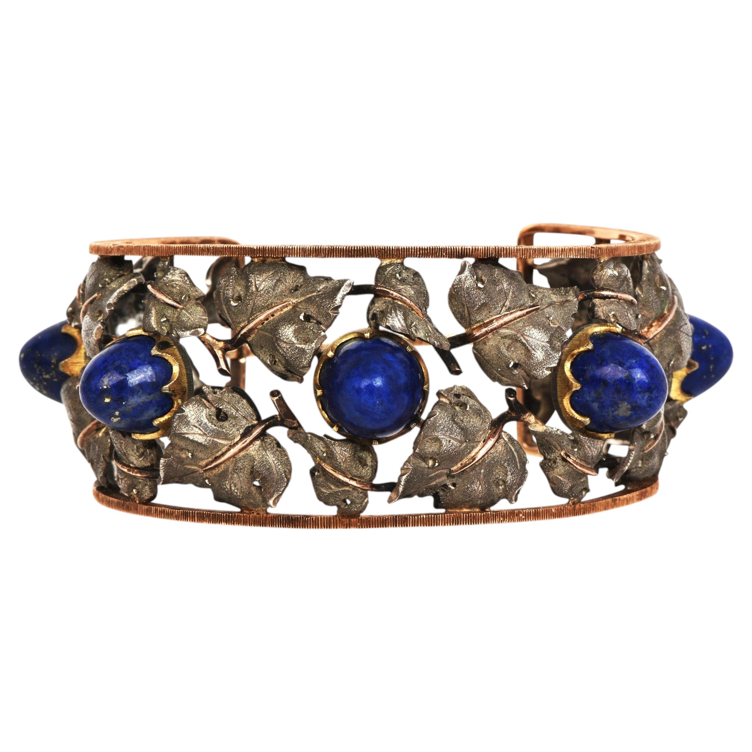 Pre-owned Buccellati Vintage Lapis Lazuli Vine Silver & 18k Yellow Gold Cuff Bracelet