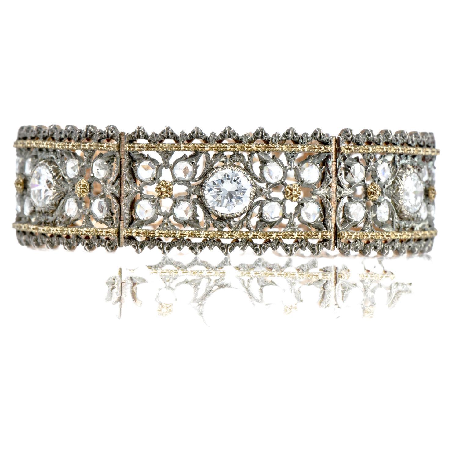 Exceed your expectation, with an antique Royal look!

This Expertly Executed Vintage 1950s Buccellati Diamond  Bracelet with an approx total weight of 32.2 grams.

Crafted in solid 18K yellow gold, topped with fine sterling silver hand-finished