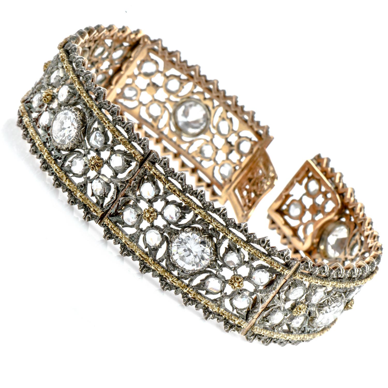 Retro Buccellati Vintage Large Diamond 18k Gold Silver Flower Flex Link Bracelet