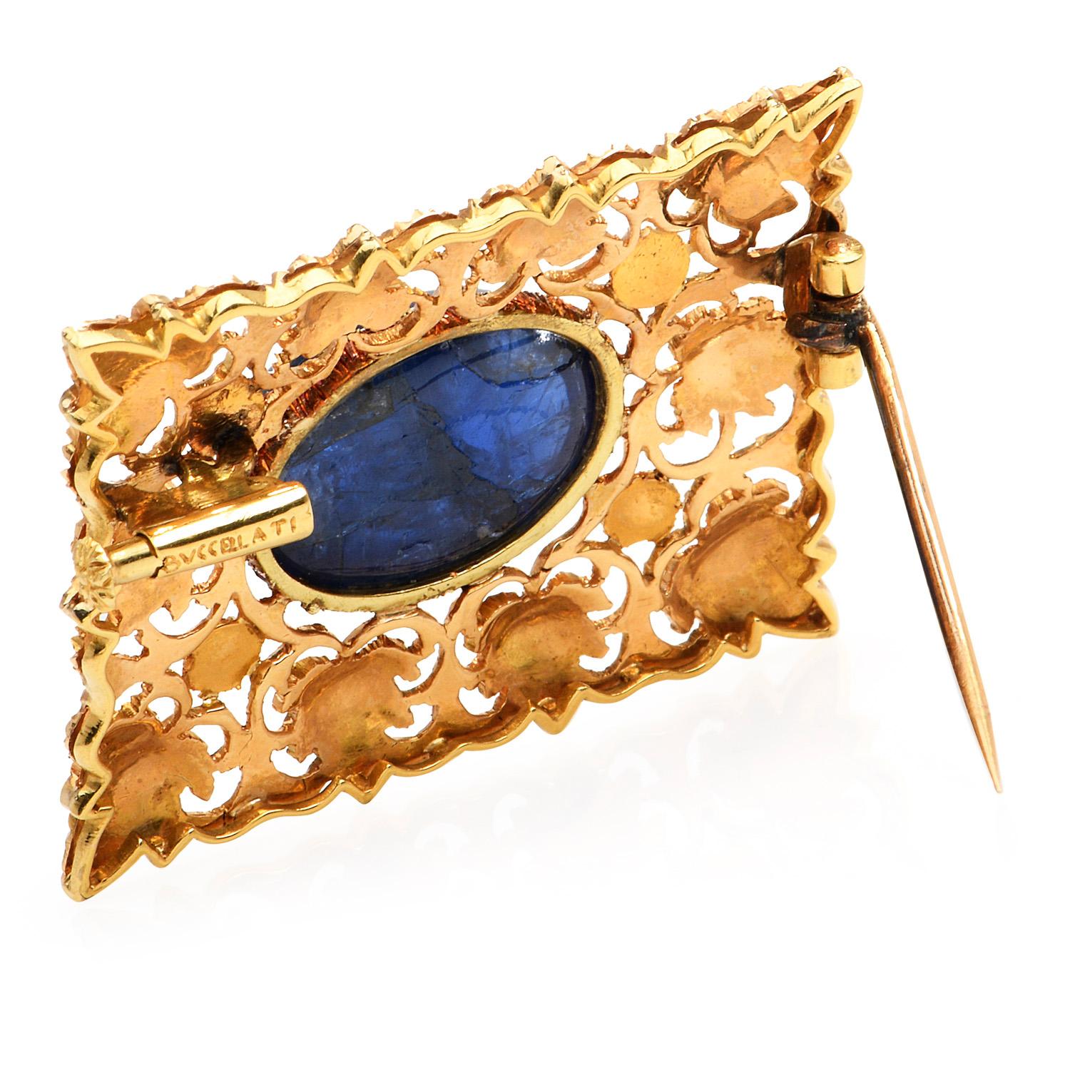 Rétro Buccellati Broche carrée à fleurs vintage en or 18 carats avec saphir bleu non chauffé et épingle en vente