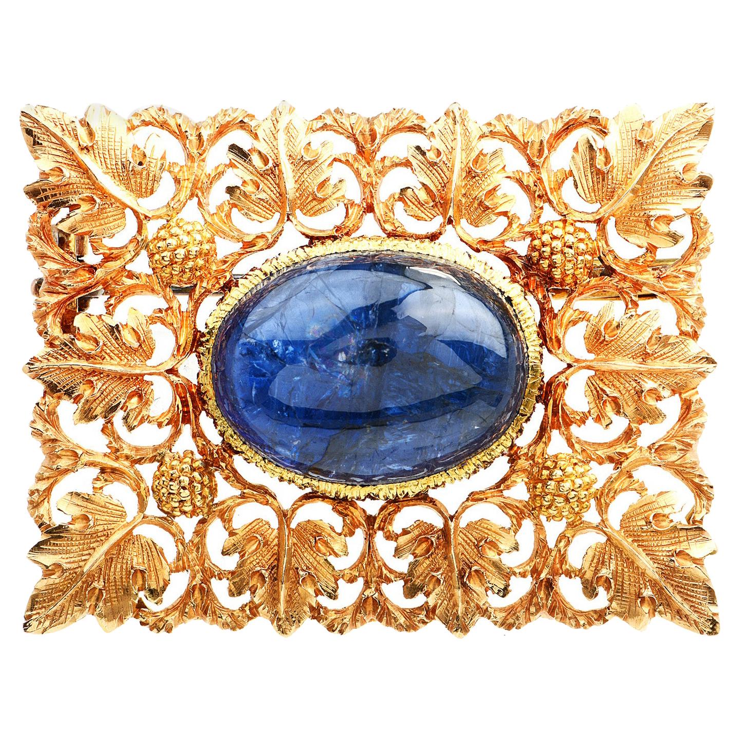 Buccellati Vintage No Heat Blue Sapphire 18k Gold Floral Square Brooch Pin