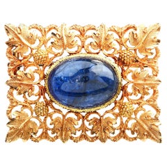 Buccellati Broche carrée à fleurs vintage en or 18 carats avec saphir bleu non chauffé et épingle