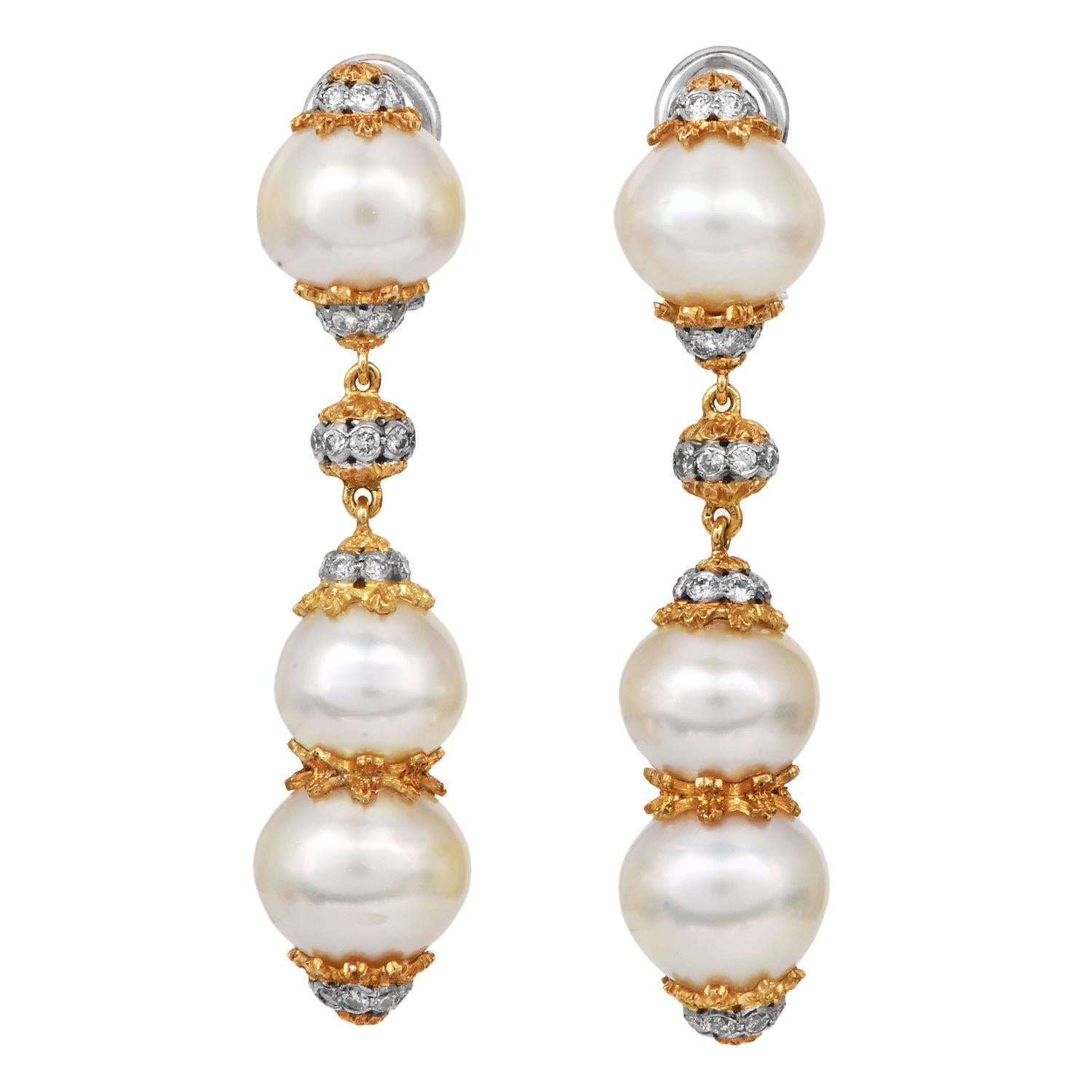 Vintage Buccellati Pearl & Diamond Dangle Drop Earrings in 18K Gold.
Elegant and timeless, these vintage Buccellati earrings are a masterful blend of two-tone 18K yellow and white gold, each earring features three lustrous 12mm cultured pearls,