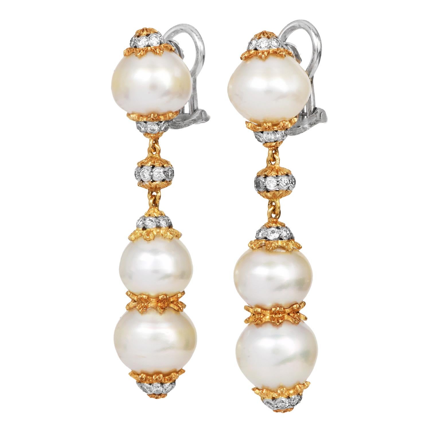 Retro Buccellati Vintage Pearl Diamond 18K Dangle Drop Earrings For Sale