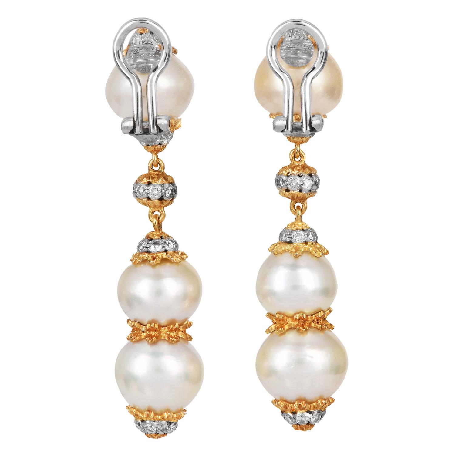 Round Cut Buccellati Vintage Pearl Diamond 18K Dangle Drop Earrings For Sale