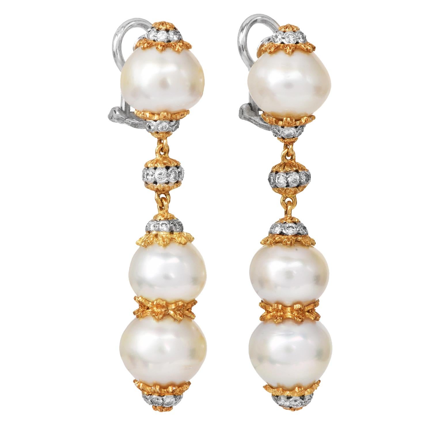 Buccellati Vintage Pearl Diamond 18K Dangle Drop Earrings In Excellent Condition For Sale In Miami, FL