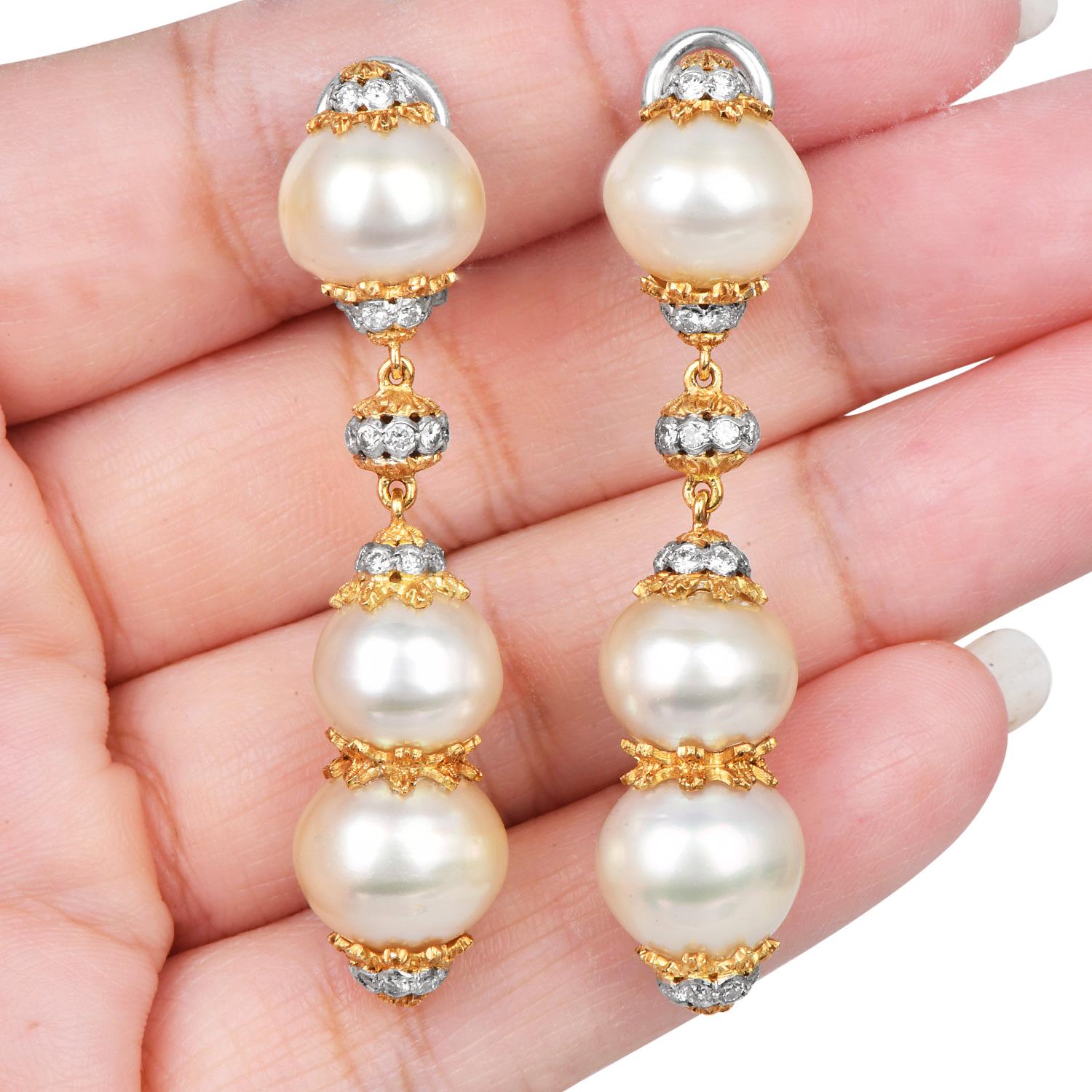 Women's Buccellati Vintage Pearl Diamond 18K Dangle Drop Earrings For Sale