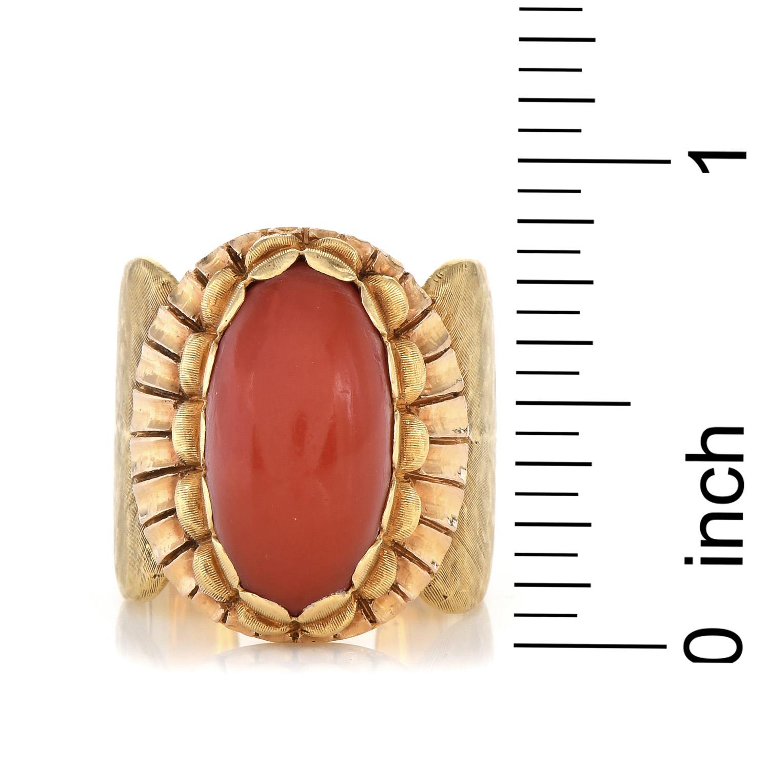 Cabochon Buccellati Vintage Red Coral 18K Yellow Gold Retro Wide Cuff Cocktail Ring