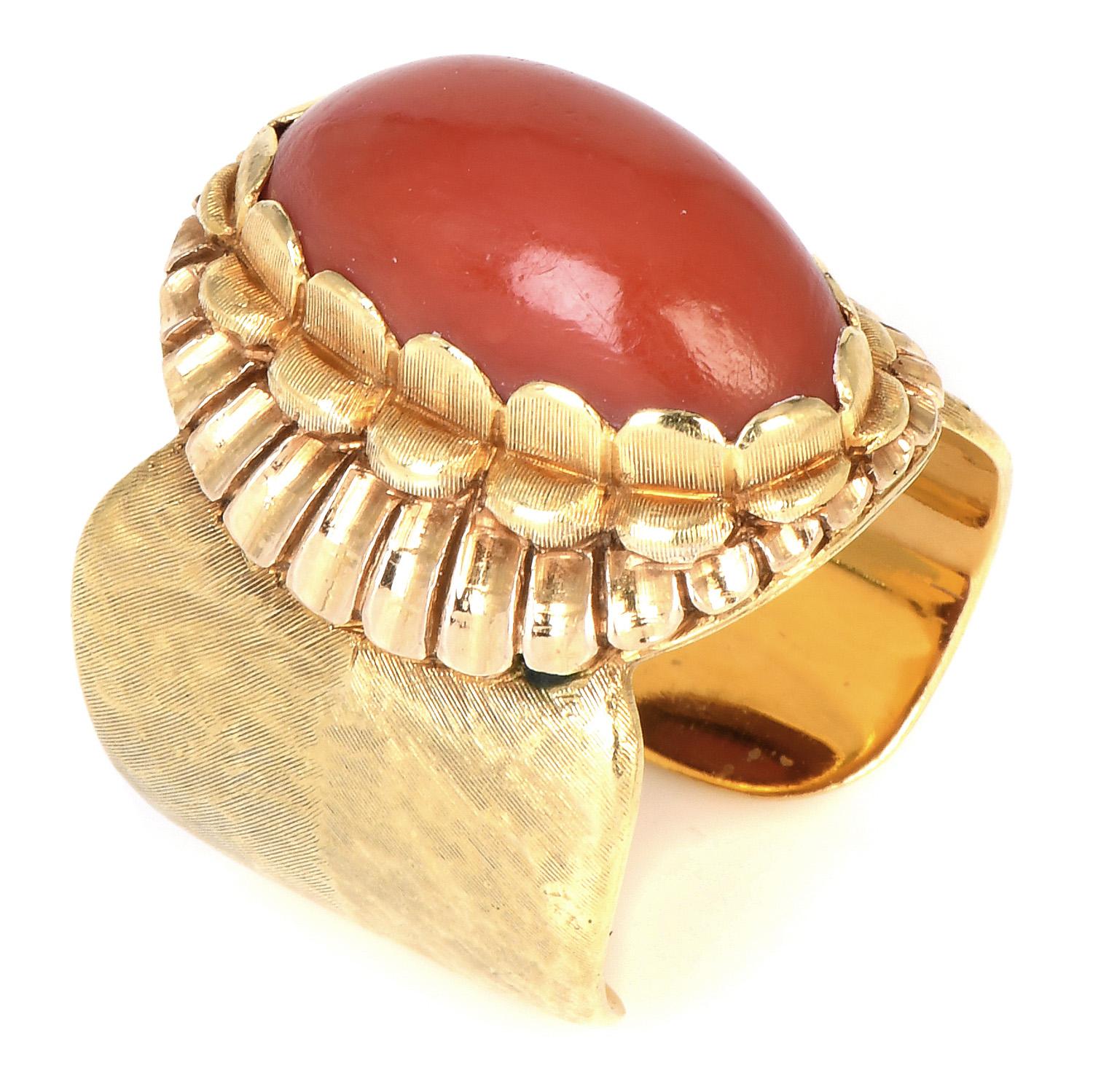 Women's or Men's Buccellati Vintage Red Coral 18K Yellow Gold Retro Wide Cuff Cocktail Ring