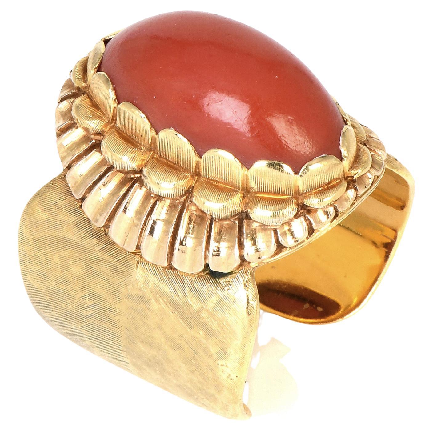 Buccellati Vintage Red Coral 18K Yellow Gold Retro Wide Cuff Cocktail Ring
