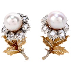 Buccellati Vintage Rose Cut Diamond Pearl 18 Karat Gold & Silver Flower Earrings