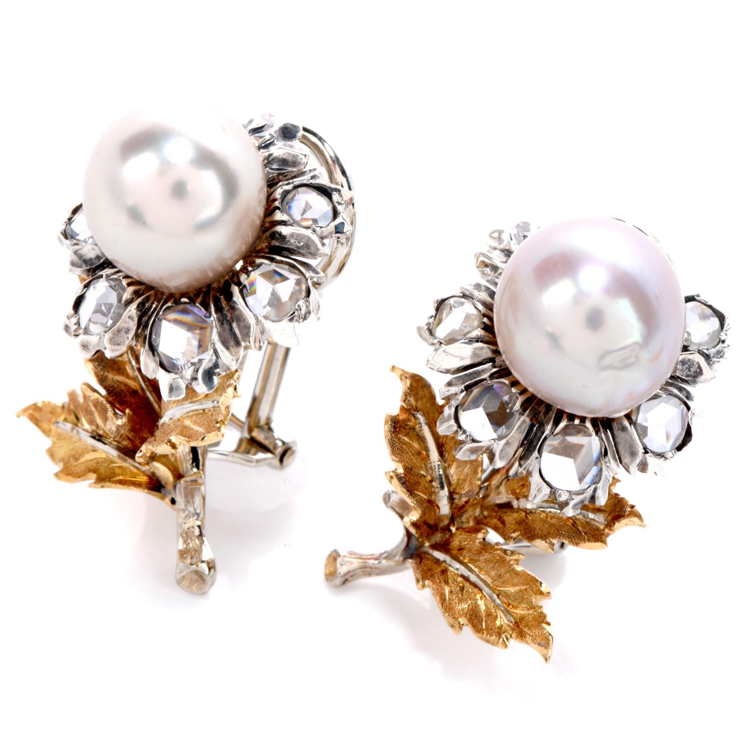 Indulge in the magnificence of these vintage Akoya Pearl and

Diamond Rose Cut Earrings with Omega Backings! 

These Buccellati earrings are beyond exquisite with 9 mm Pearl centers complimented by the currently trending style of 10 rose-cut
