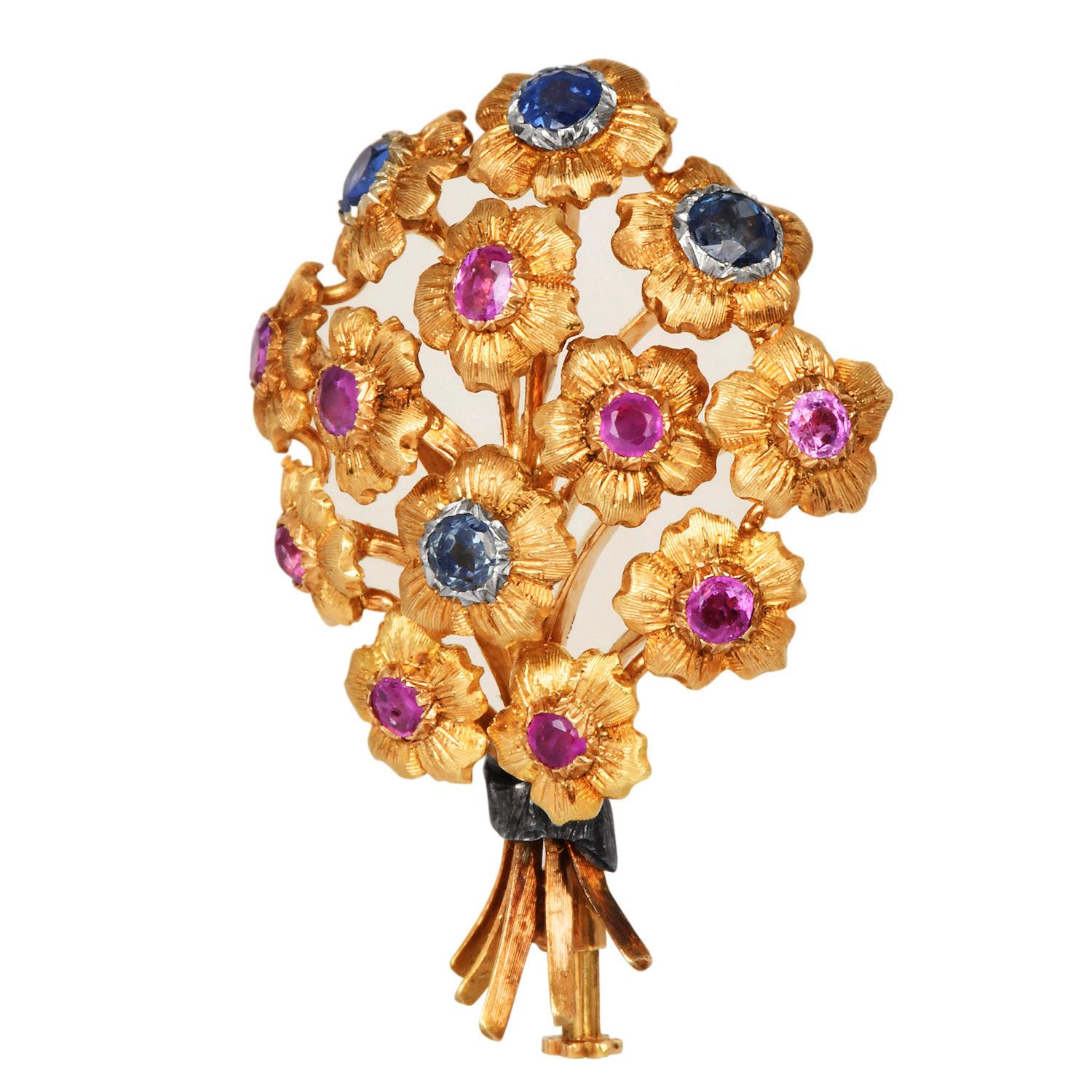 Retro Buccellati Vintage Ruby Sapphire 18K Gold Floral Bouquet Brooch For Sale