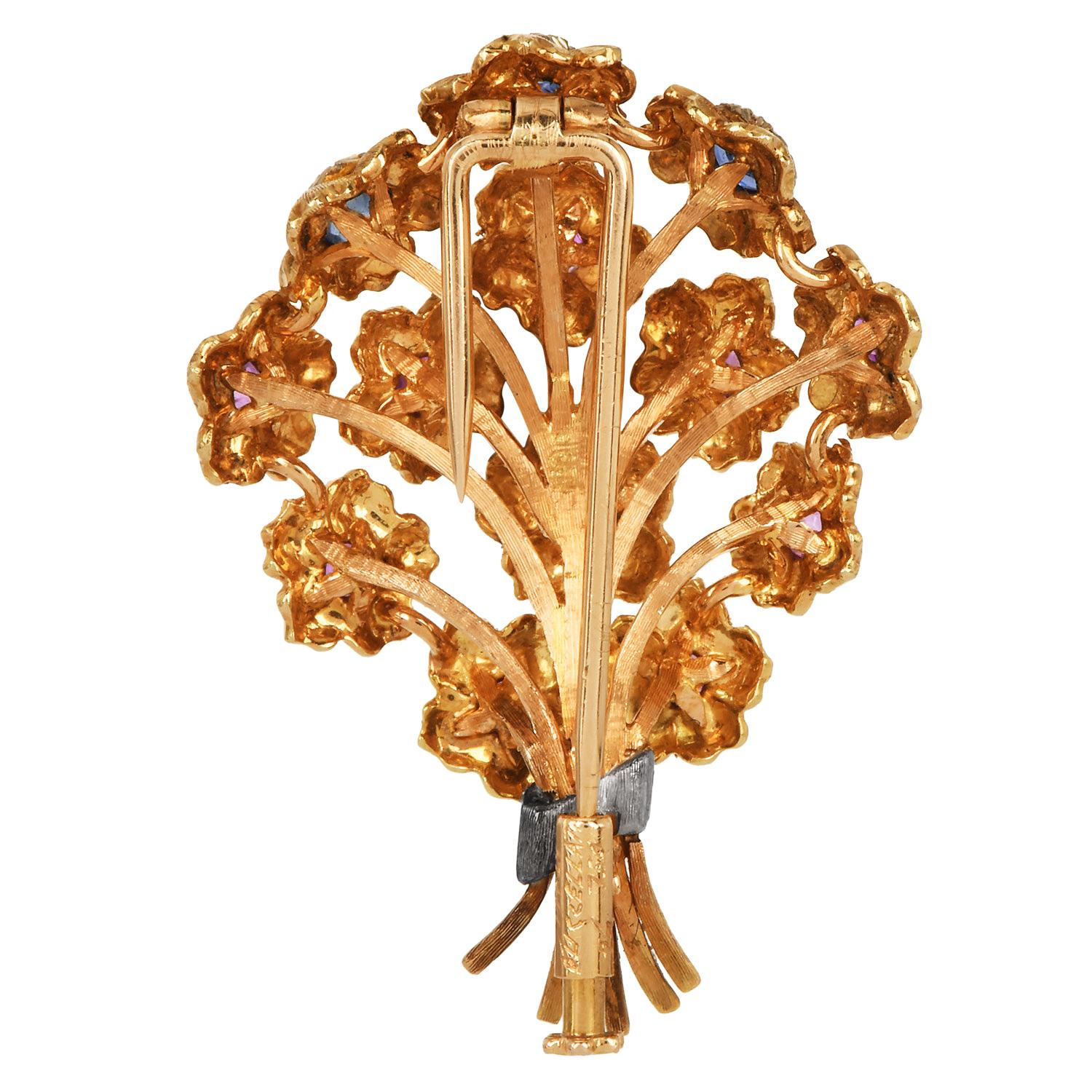 Round Cut Buccellati Vintage Ruby Sapphire 18K Gold Floral Bouquet Brooch For Sale