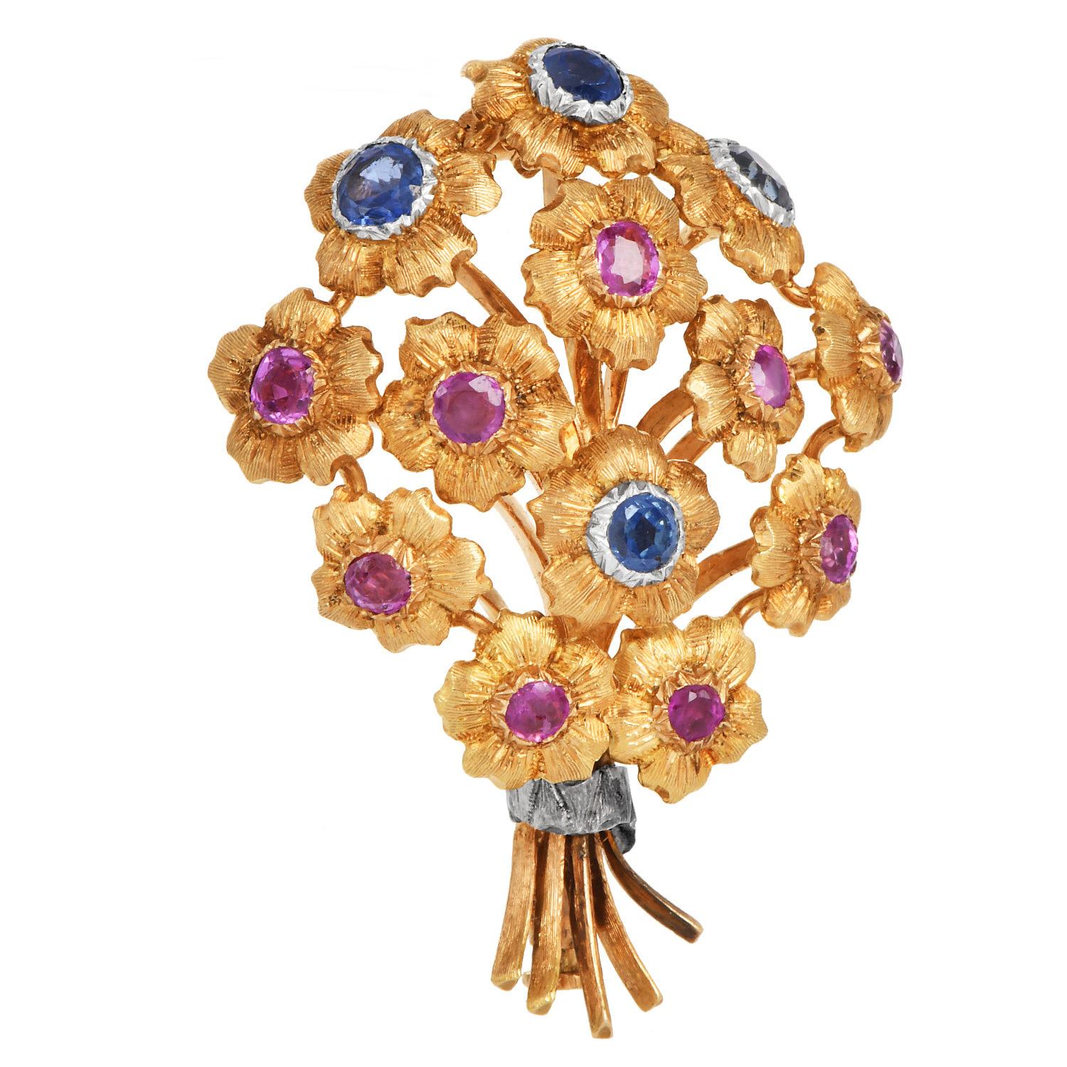 Buccellati Vintage Ruby Sapphire 18K Gold Floral Bouquet Brooch In Excellent Condition For Sale In Miami, FL