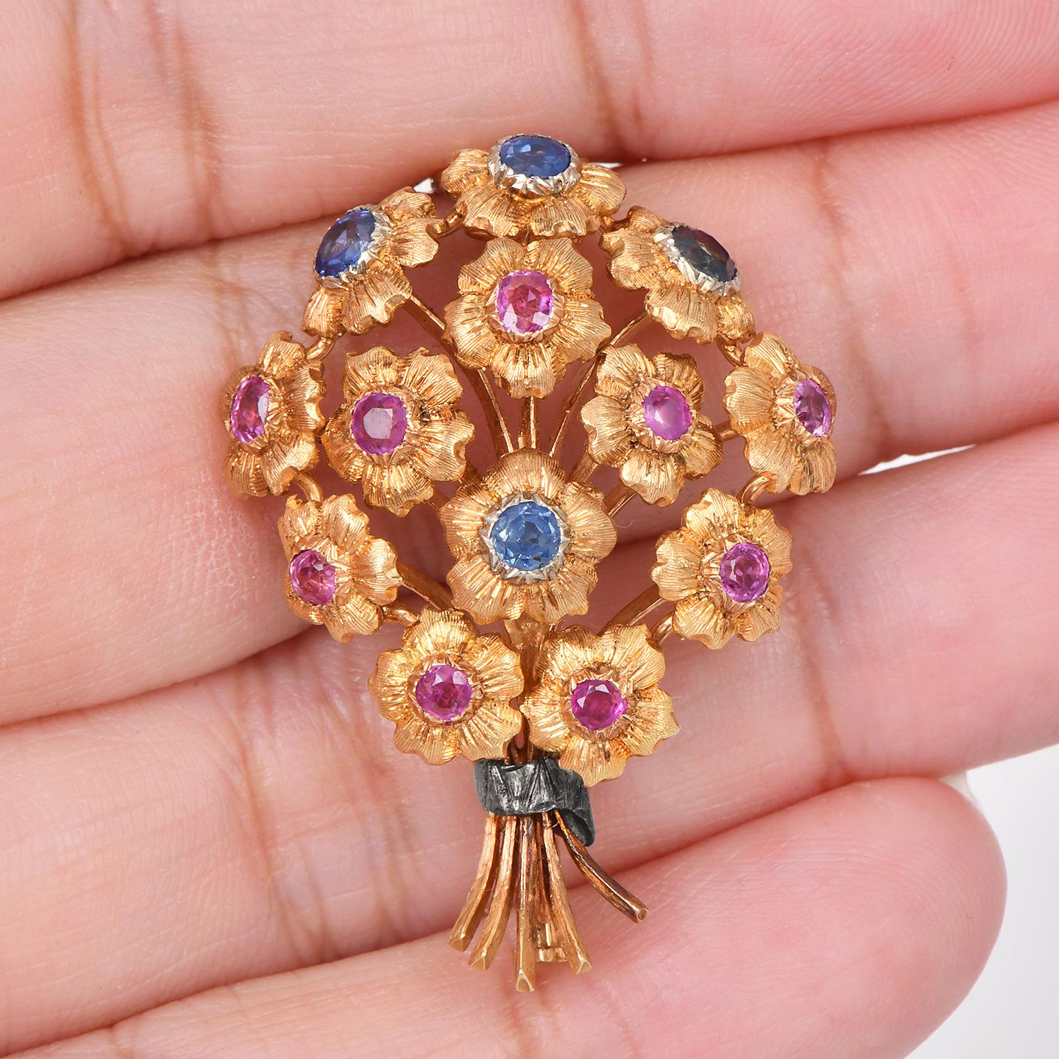 Women's or Men's Buccellati Vintage Ruby Sapphire 18K Gold Floral Bouquet Brooch For Sale