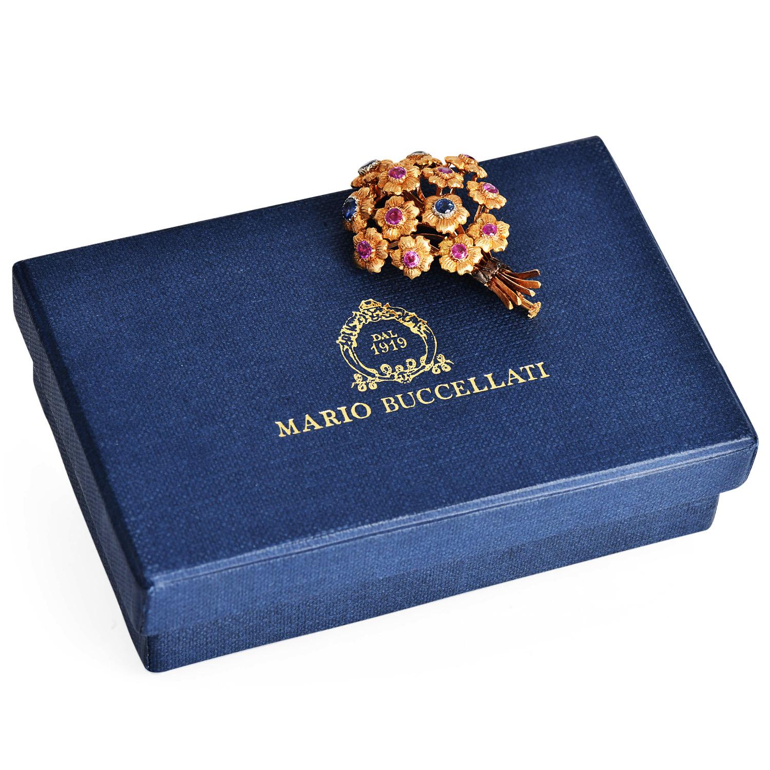 Buccellati Vintage Ruby Sapphire 18K Gold Floral Bouquet Brooch For Sale 2