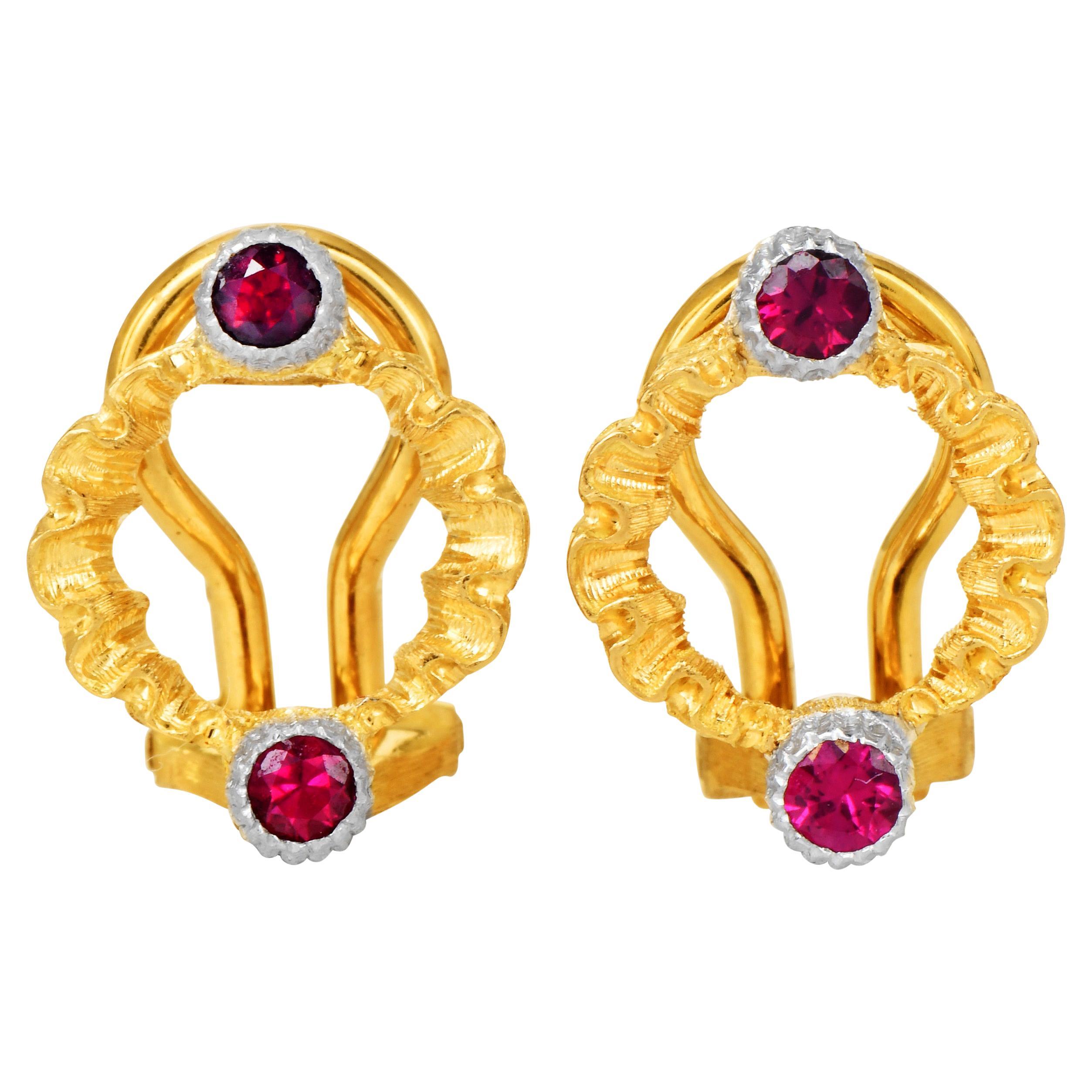 Buccellati Vintage Ruby Stud Clip-On Earrings 18K Gold