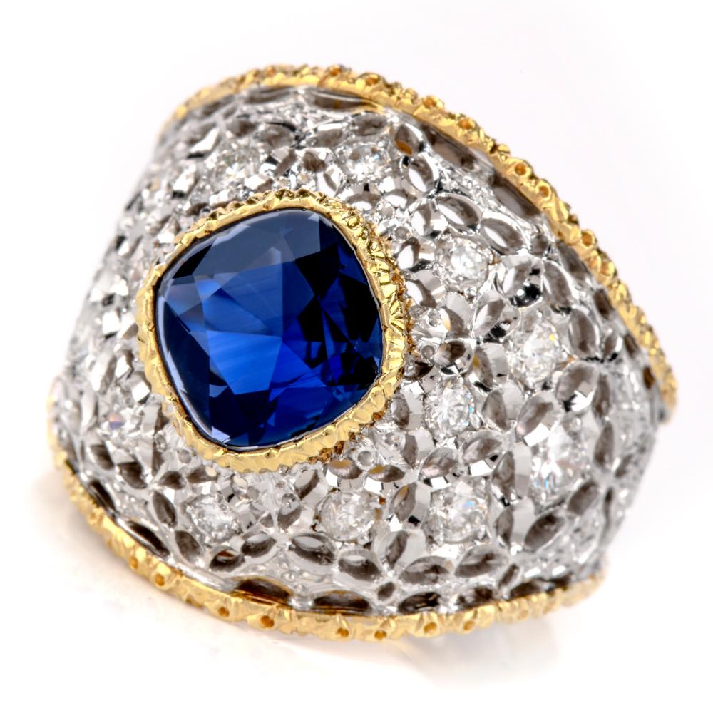 This stunning openwork filigree Buccellati Cockatil ring is centered with 1 genuine cushion Sapphire weighing  approx: 2.80 carats and embellished with 14 genuine Round cut approx: 0.43cttw, G-H color, VS1-VS2 clarity, prong set
  
Signed M.