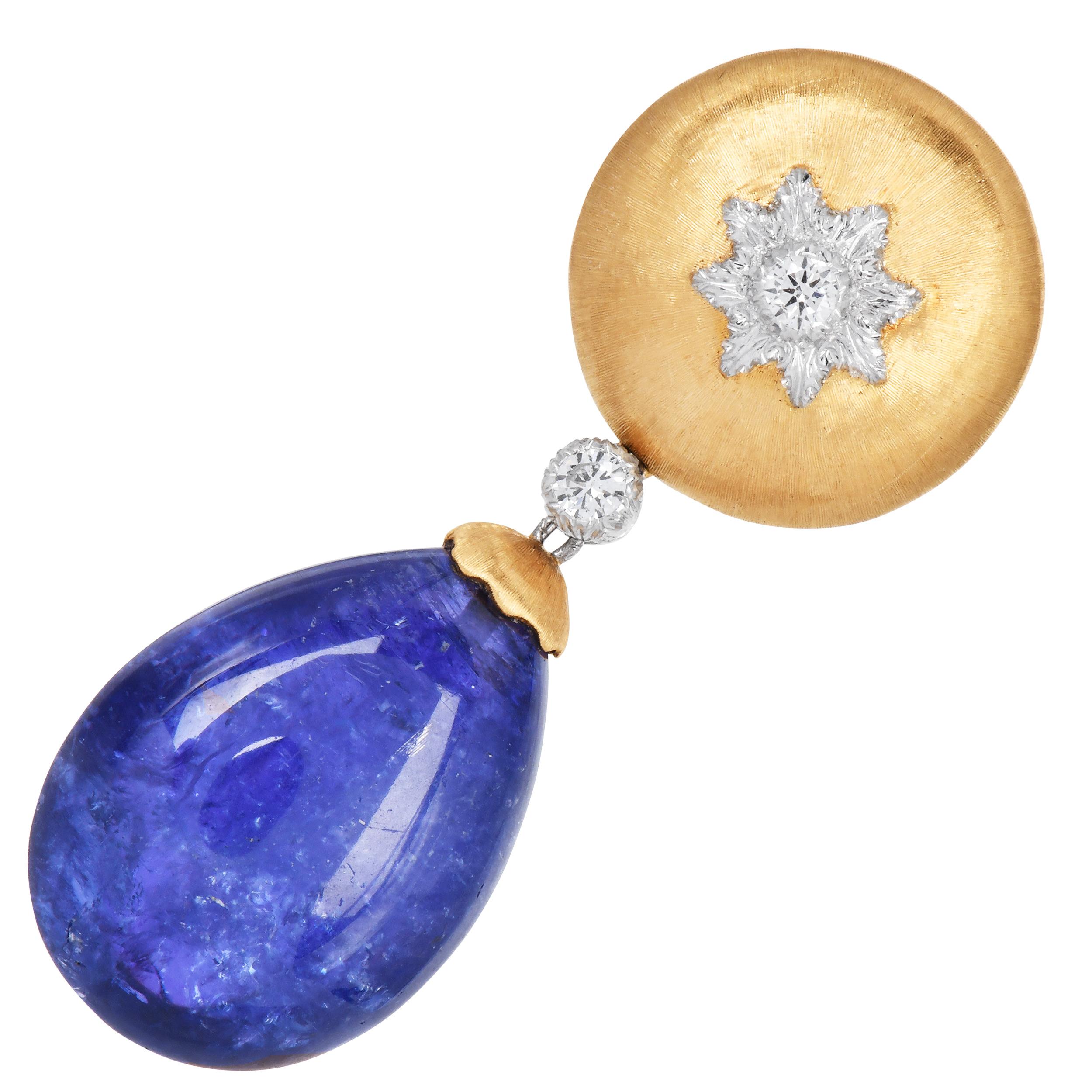 Buccellati Vintage Tansanit Diamant 18K Gold Clip-On Tropfenohrringe (Kegel-Cabochon) im Angebot