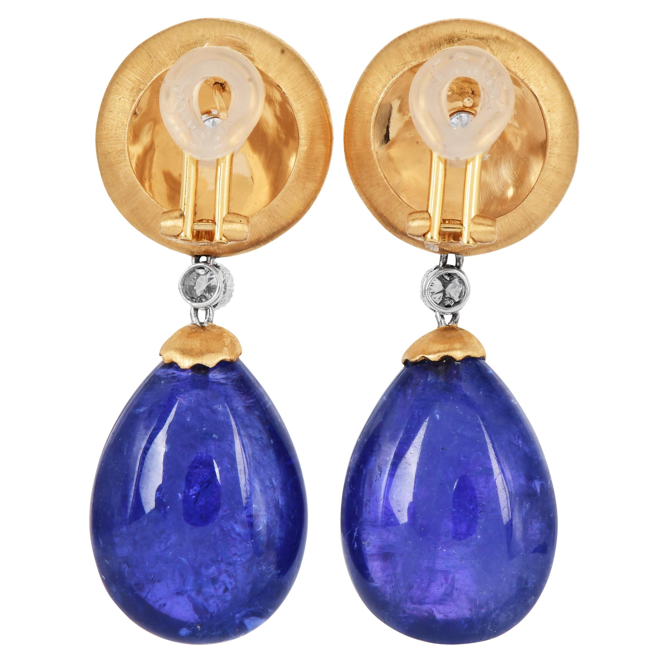 Buccellati Vintage Tansanit Diamant 18K Gold Clip-On Tropfenohrringe im Zustand „Hervorragend“ im Angebot in Miami, FL