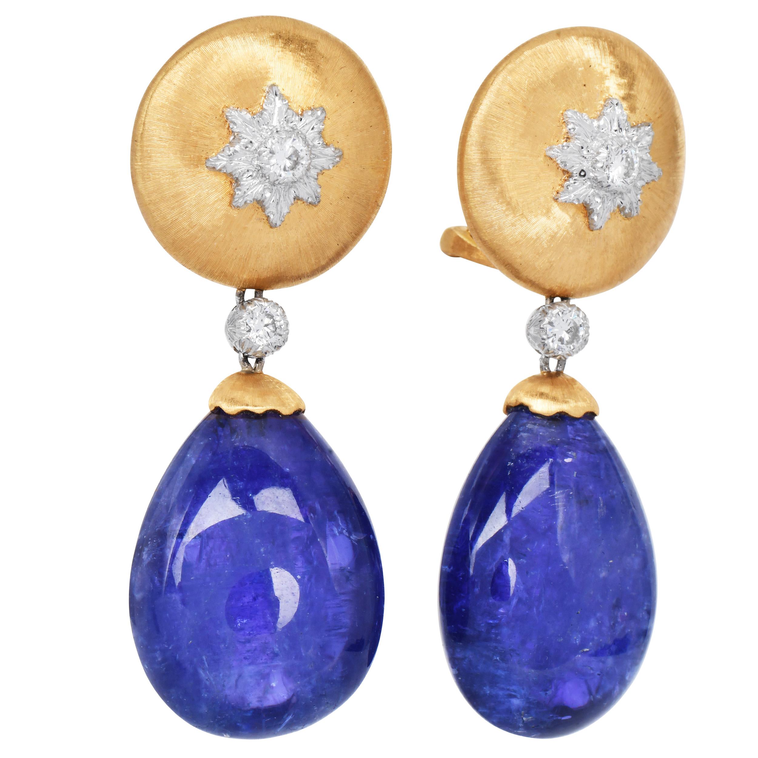 Buccellati Vintage Tansanit Diamant 18K Gold Clip-On Tropfenohrringe Damen im Angebot