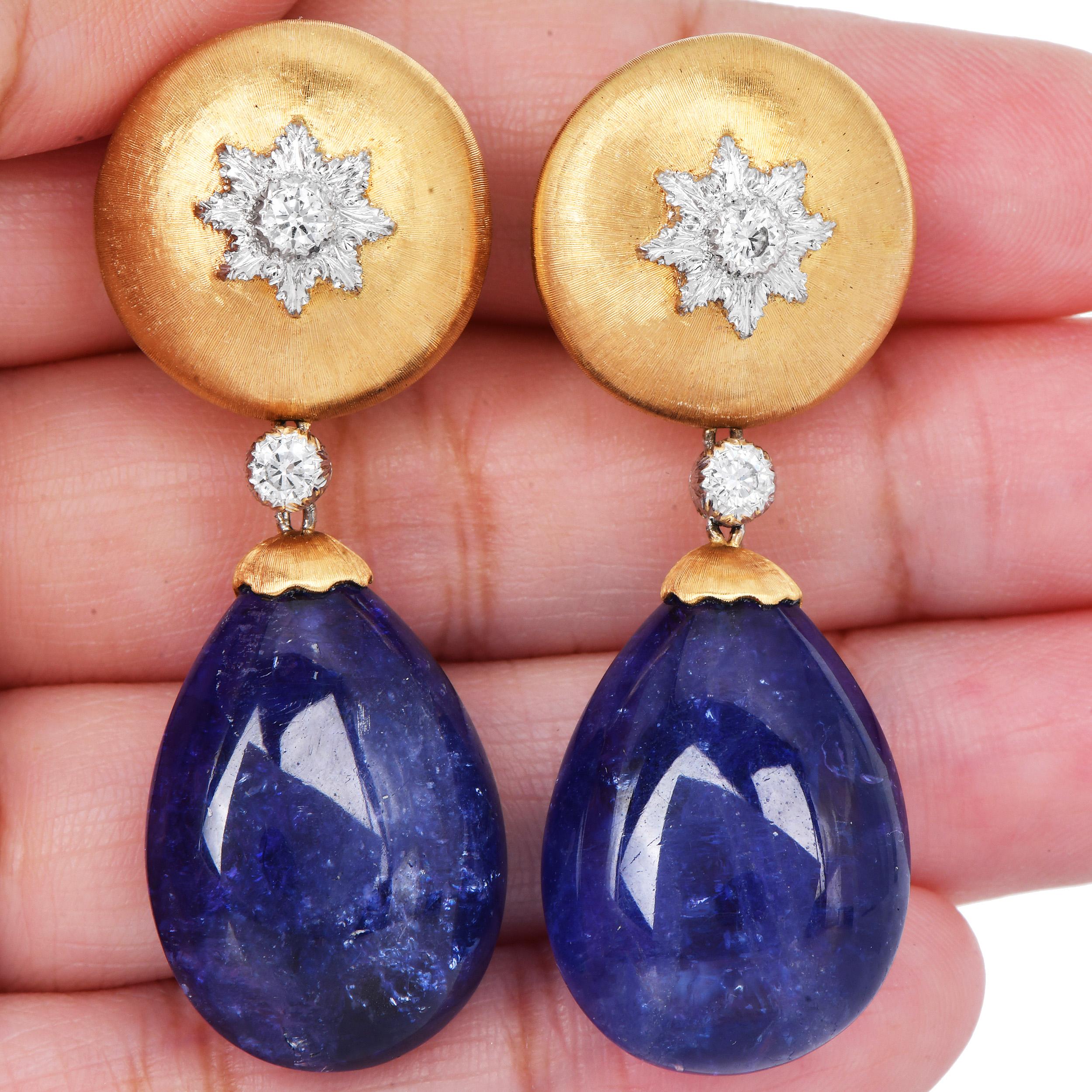 Buccellati Vintage Tansanit Diamant 18K Gold Clip-On Tropfenohrringe im Angebot 1