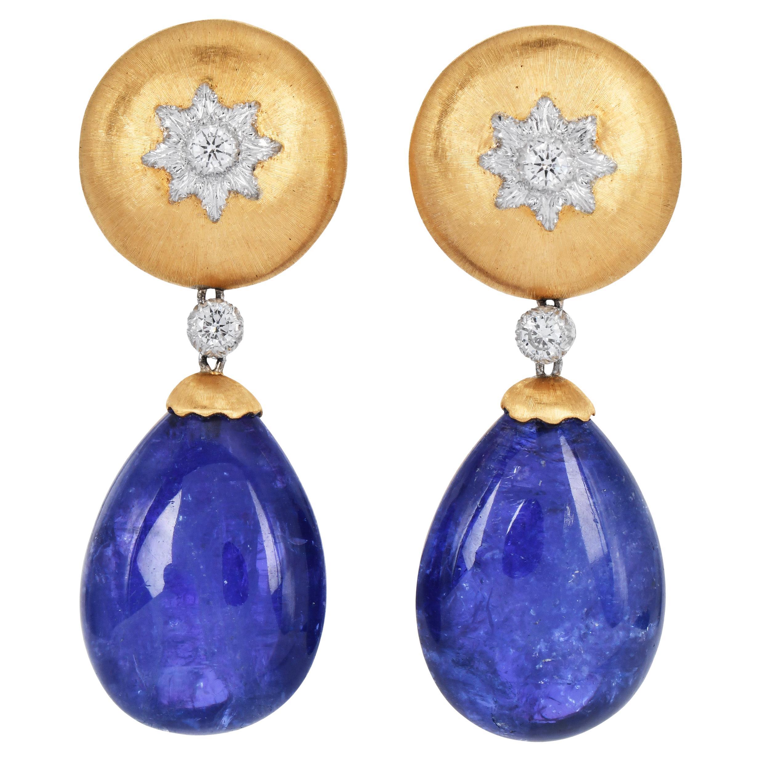 Buccellati Vintage Tansanit Diamant 18K Gold Clip-On Tropfenohrringe im Angebot