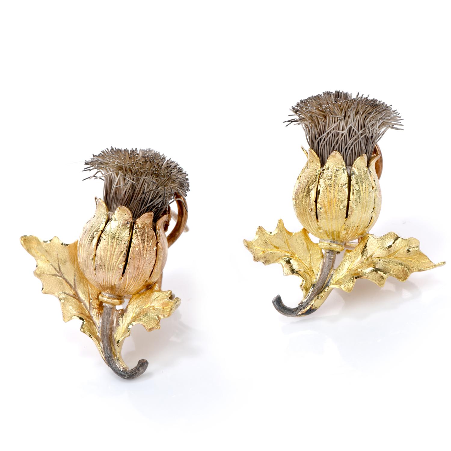 Entdecken Sie Ihre künstlerische Seite mit diesen auffälligen Buccellati Vintage 18K Gelbgold und Silber Tulipa Flower Thistle Gold Ohrringen von Buccellati!  Der obere Teil der Blumen zeigt einen silbernen Fransenstil und ist in sehr gutem Zustand.