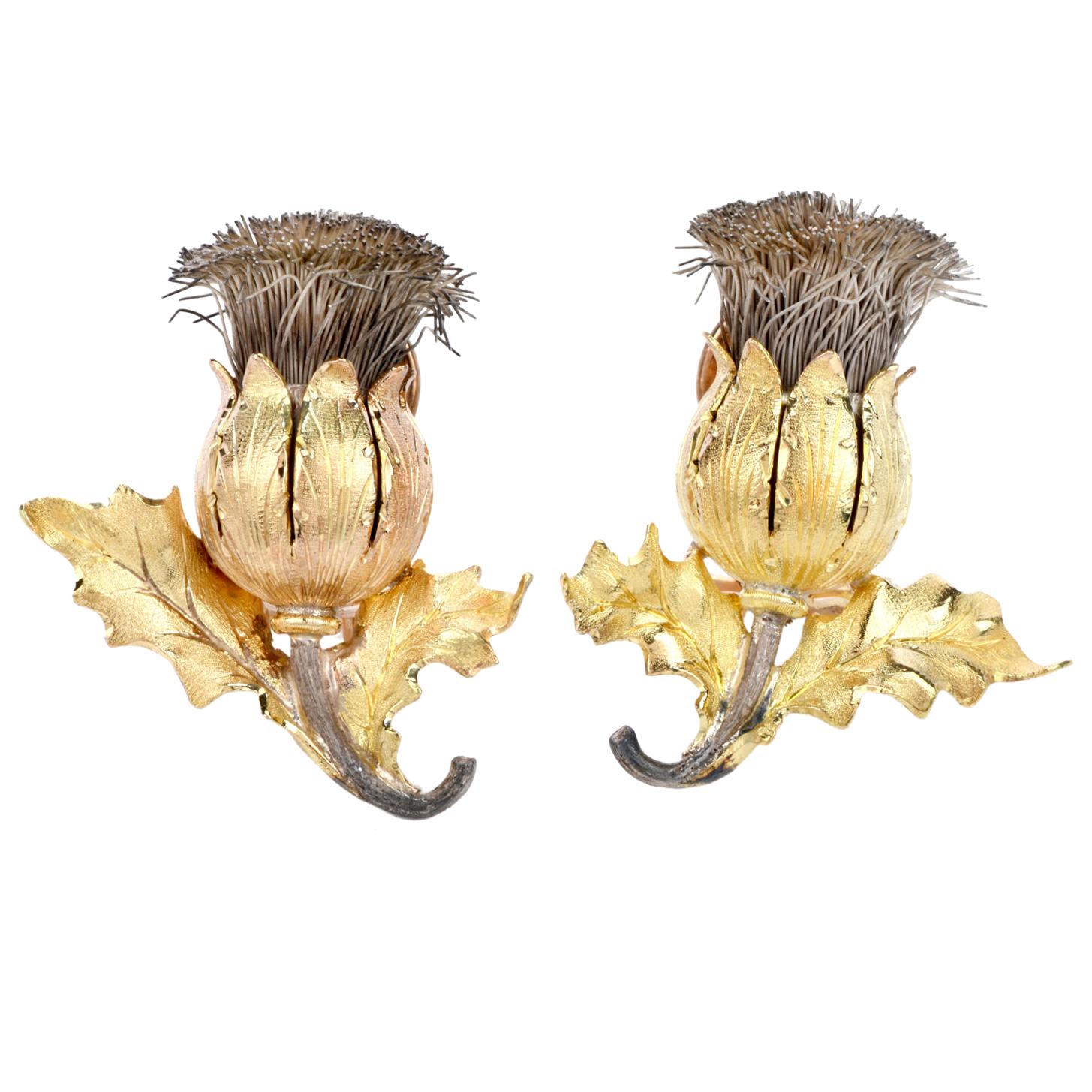 Buccellati Vintage Tulipa Flower Thistle 18K Gold and Silver Clip Back Earrings