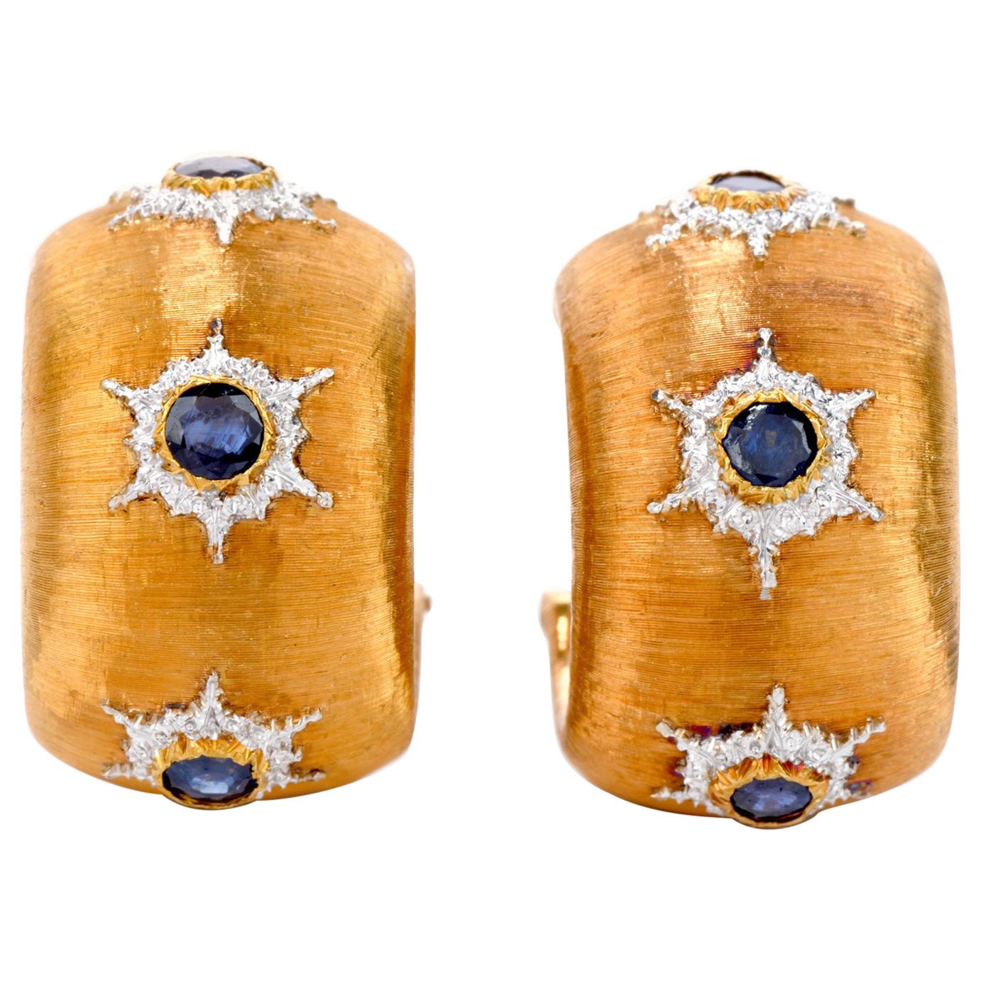Buccellati Vintage Wide Hoop Sapphire 18 Karat Gold Omega Clip Hoop Earrings