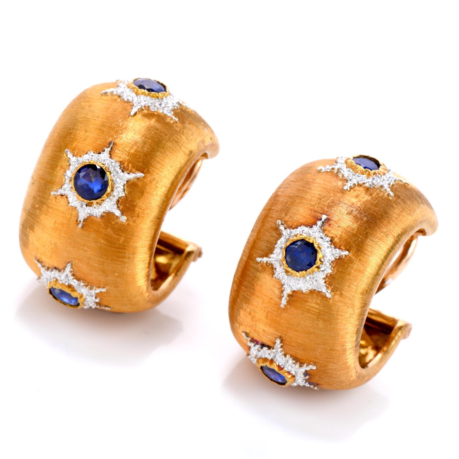 Finish your Look with these Vintage Buccellati Sapphire Earrings.
 These Vintage Buccellati Rigato Finish wide band Hoops are crafted in Luxurious 18K yellow and white Gold.
Adorning the patterns are 6 round faceted Sapphires for a combined weight