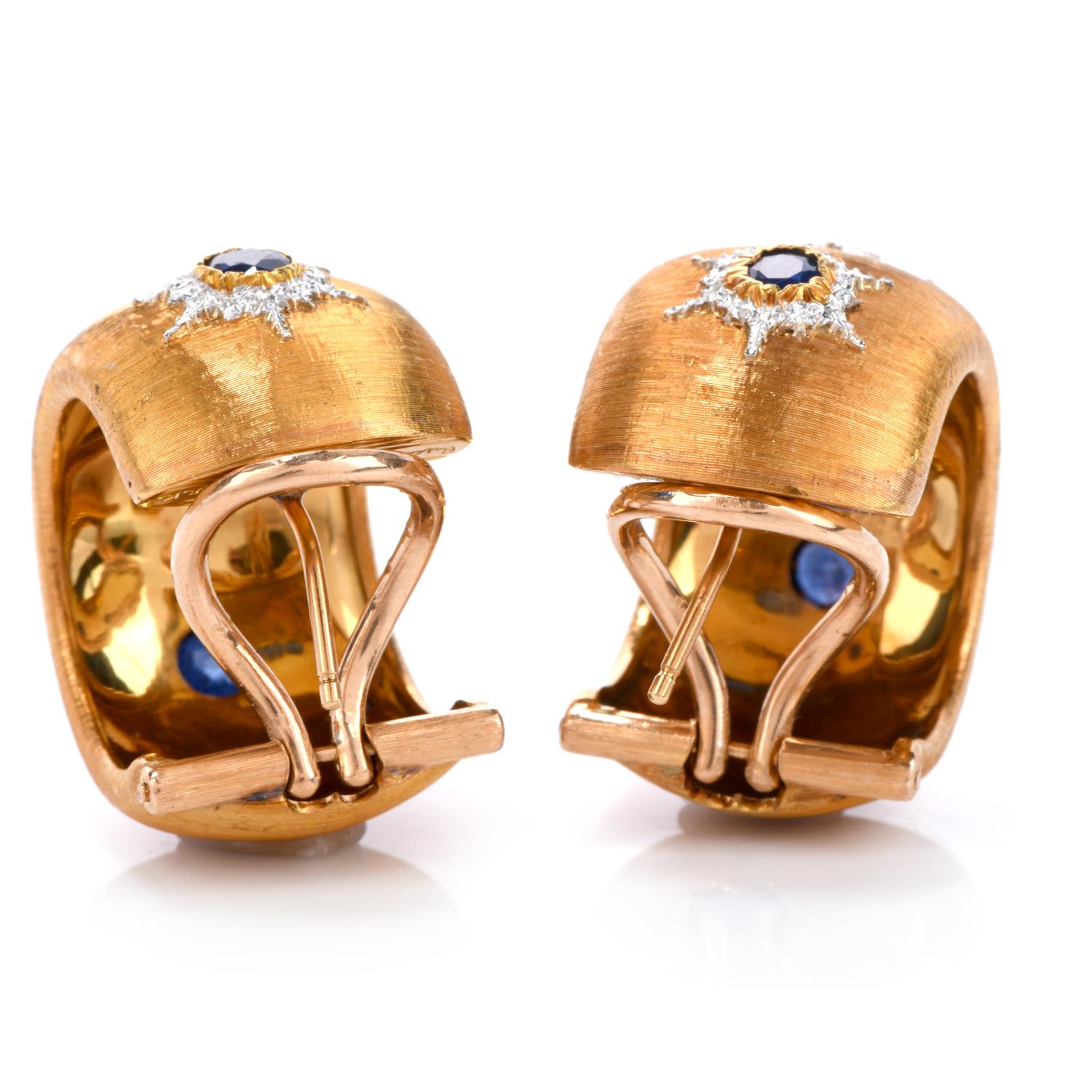 Retro Buccellati Vintage Wide Hoop Sapphire 18 Karat Gold Omega Clip Hoop Earrings