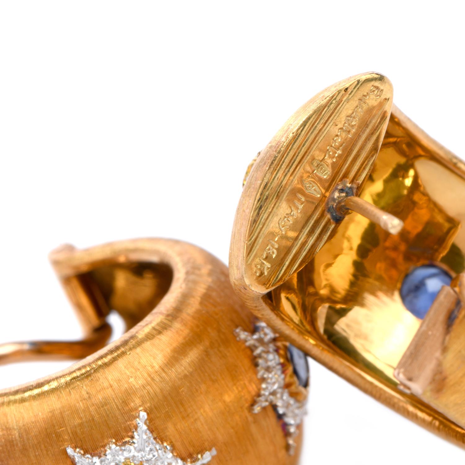 Round Cut Buccellati Vintage Wide Hoop Sapphire 18 Karat Gold Omega Clip Hoop Earrings