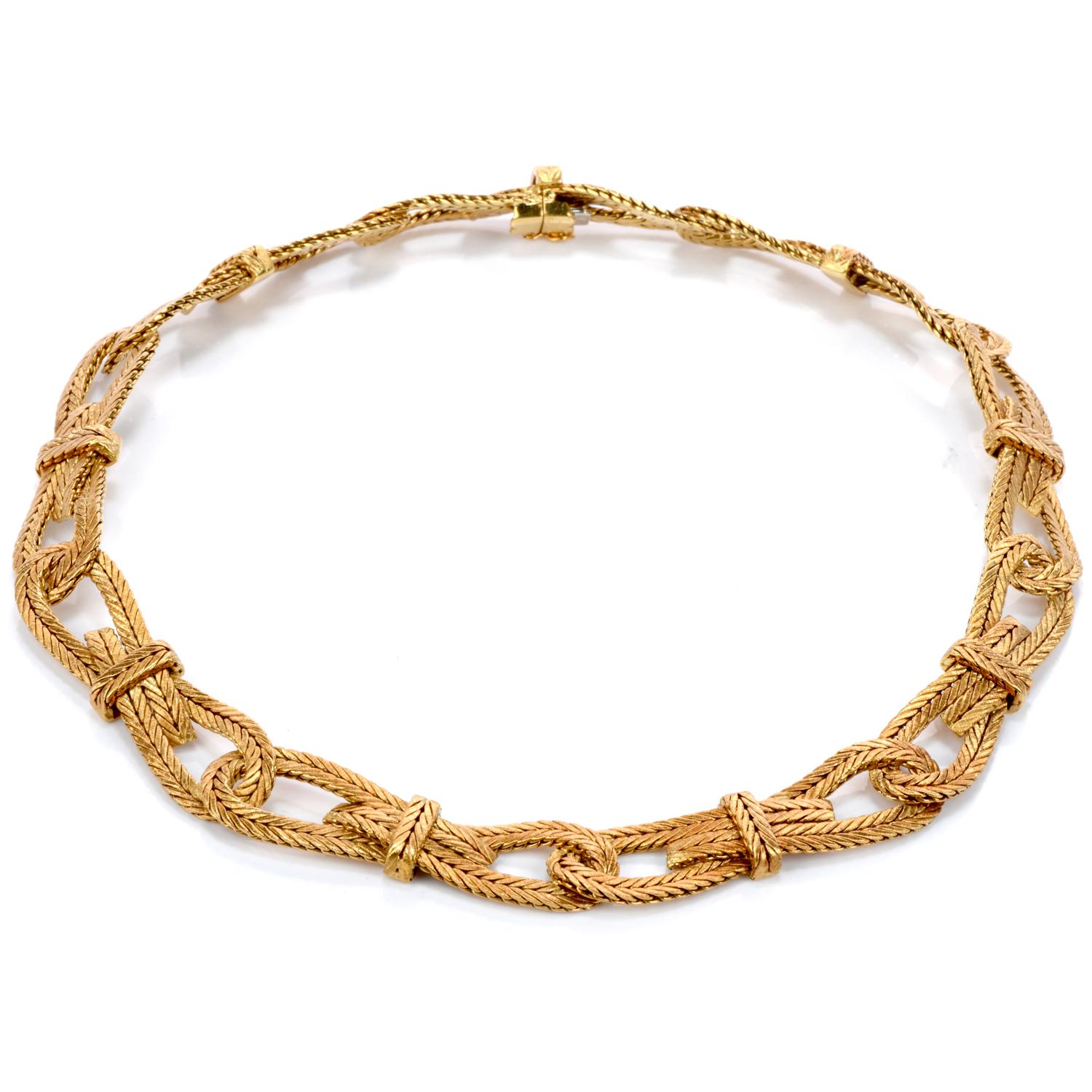 This elegant Vintage Buccellati Gold Necklace is designed as a flexible collar, showcasing iys exquisite textured and braided 18k yellow gold. Signed Buccellati, 18K, Italy.

The weight is approx. 102.7 grams. This necklace is in excellent