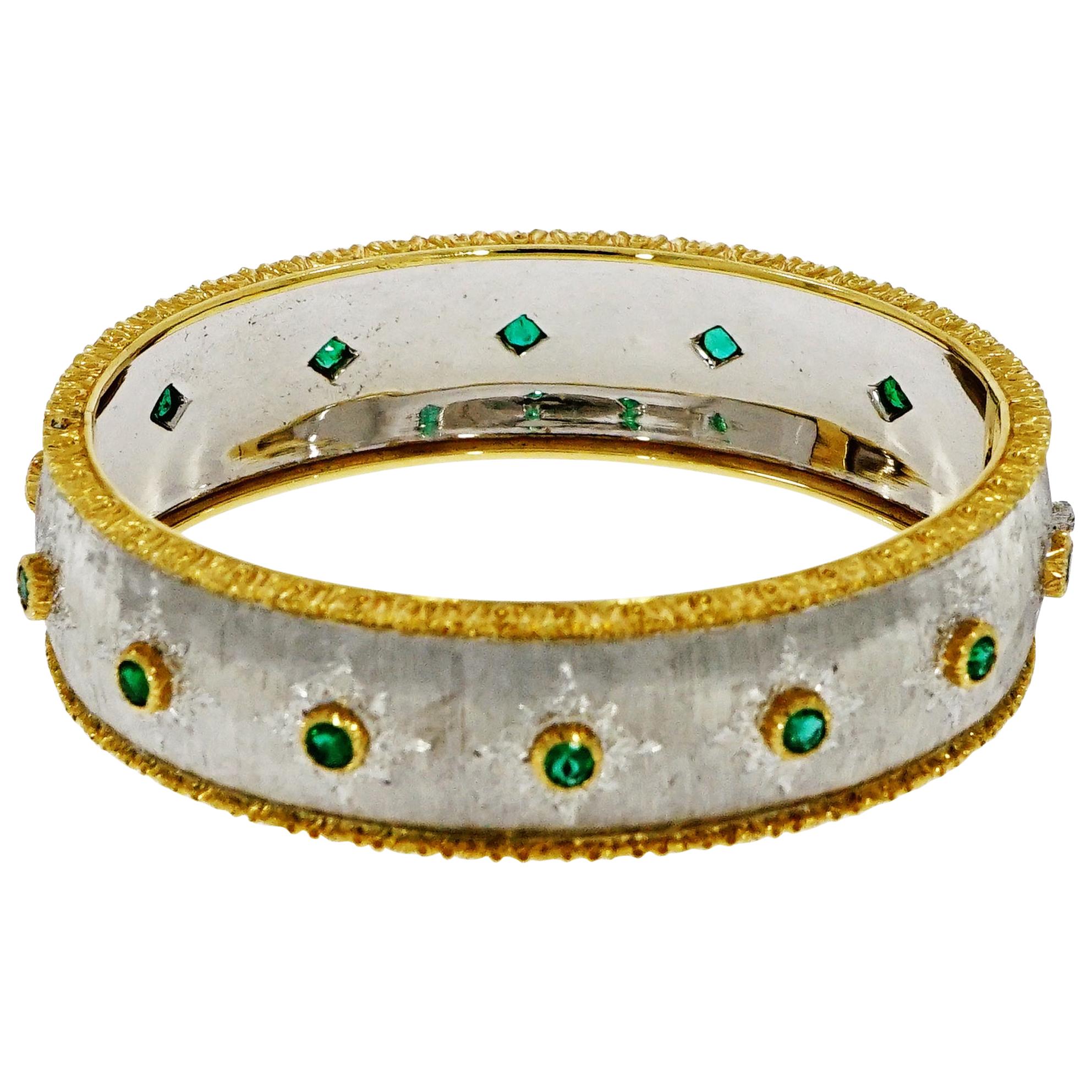 Buccellati White and Yellow Gold Bangle Bracelet with Emeralds
