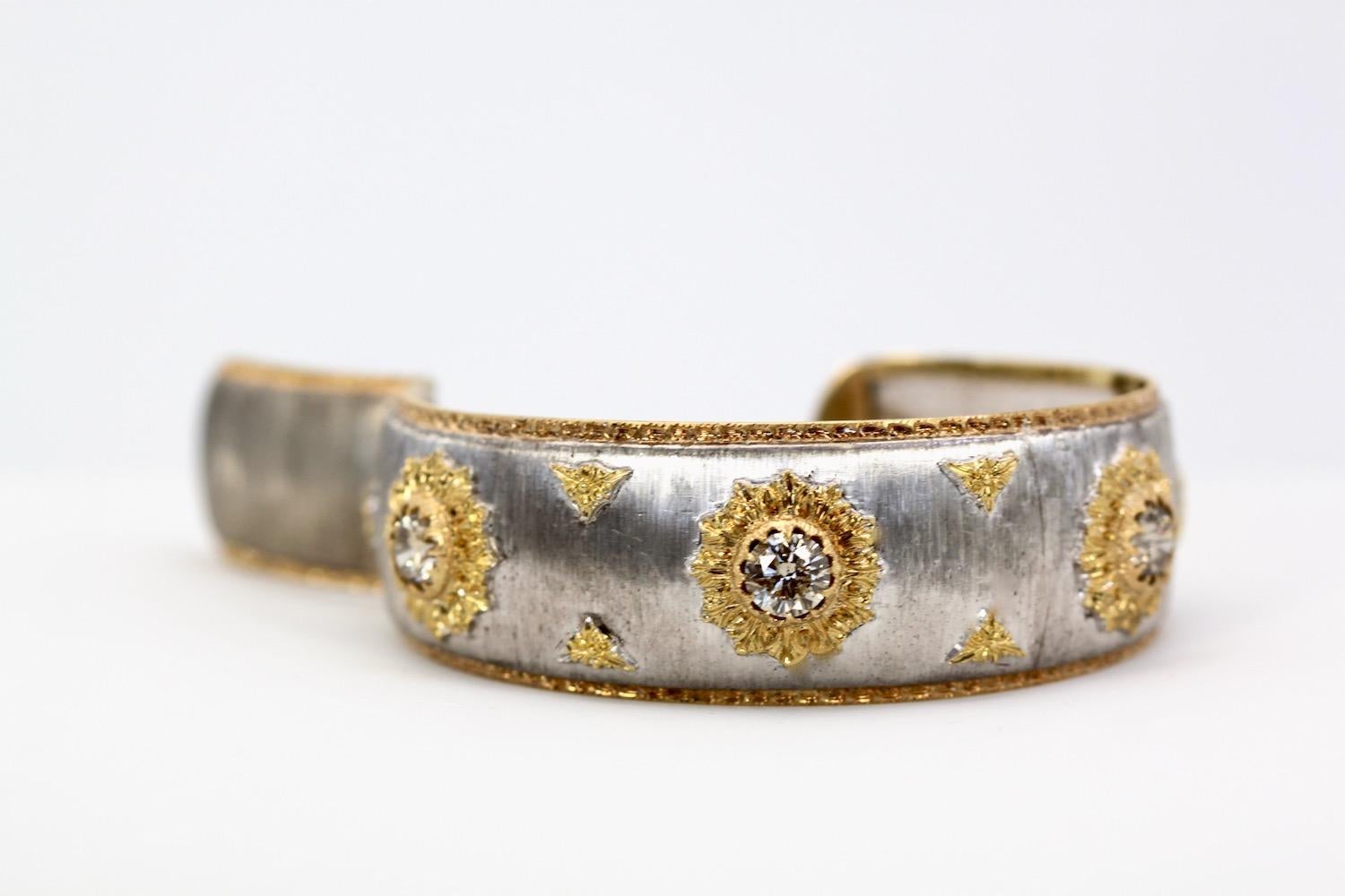 I have owned this old signed Mario Buccellati bracelet for years and now have the matching earrings to offer as well.  This bracelet is 18K White Gold with Yellow Gold rosettes and it centers one Diamond and two at each side to total 3.39 Carats. 