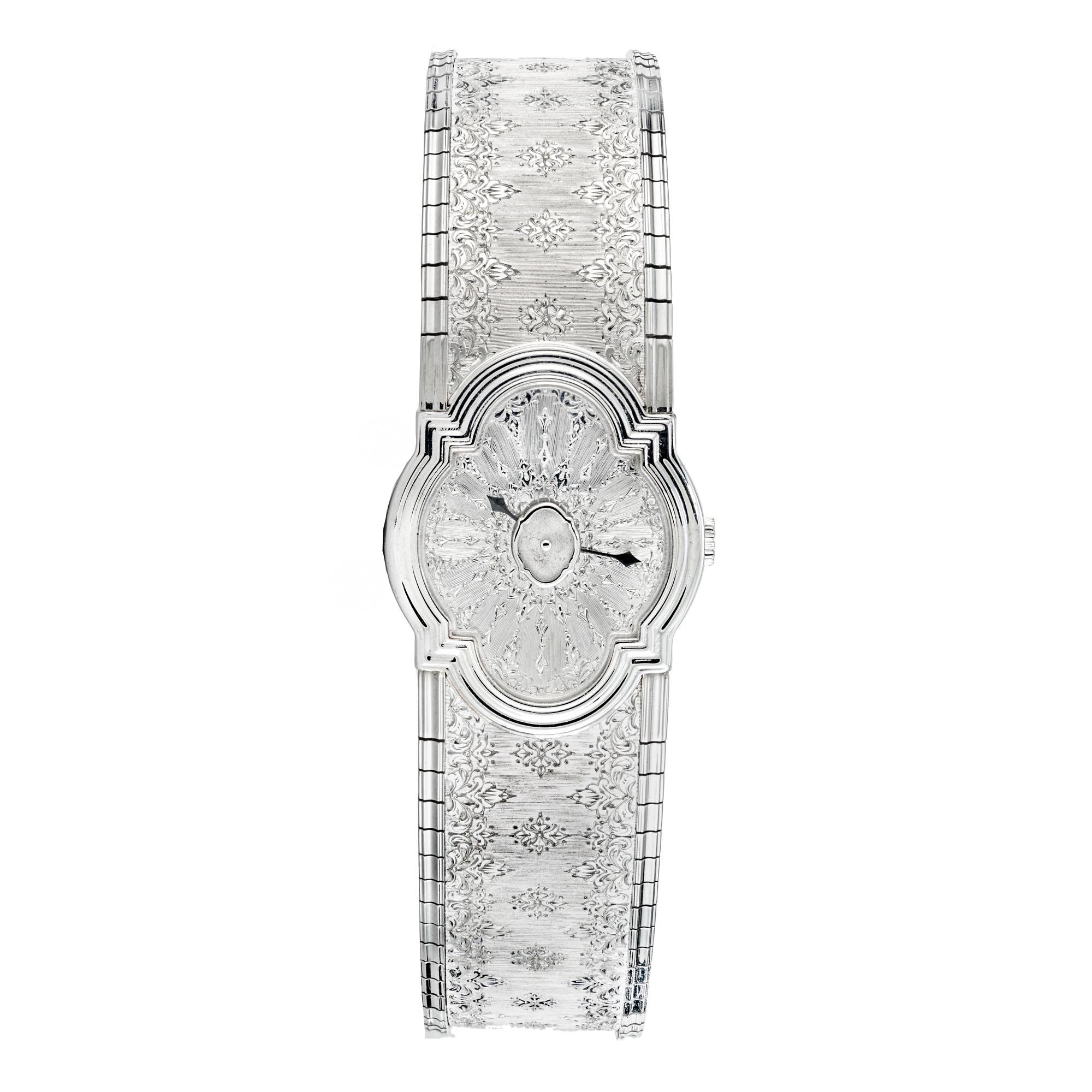 Buccellati Ladies Arischron 18k white gold wristwatch. Number 008 of a series of only 100 watches, of those 100 watches production included white and yellow gold. 7 inches long. The Arischron design is a perfect example of The Art of