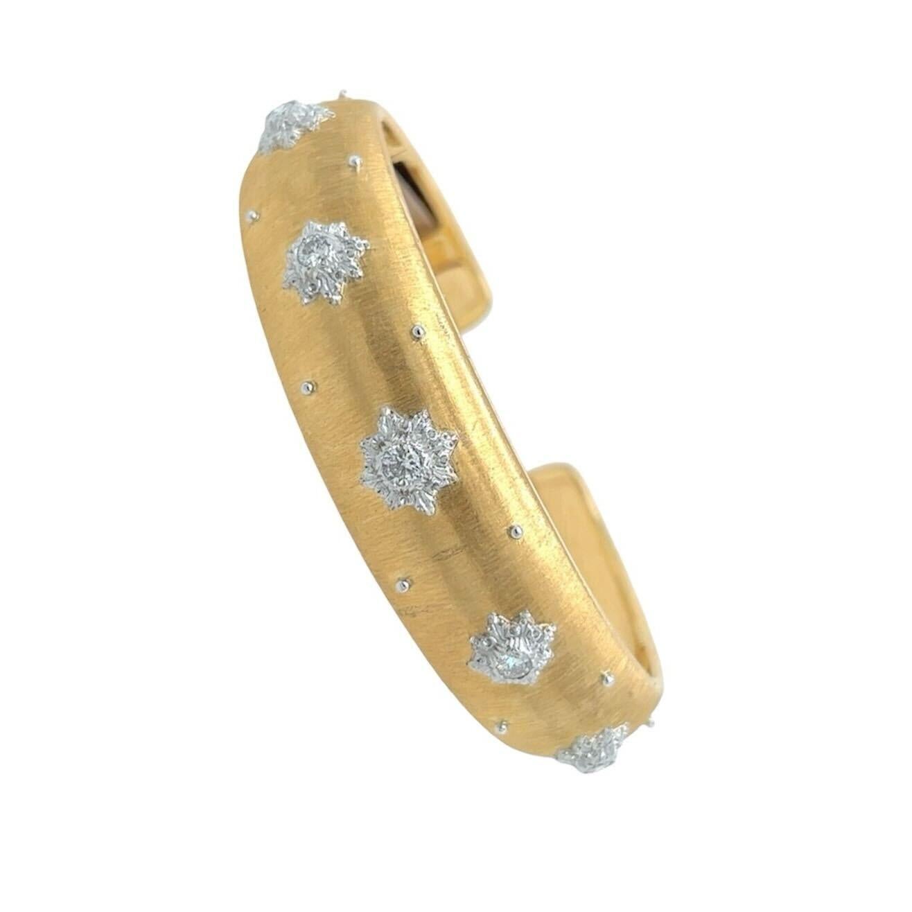 BUCCELLATI Yellow and White Gold and Diamond Cuff Bracelet In Excellent Condition In New York, NY