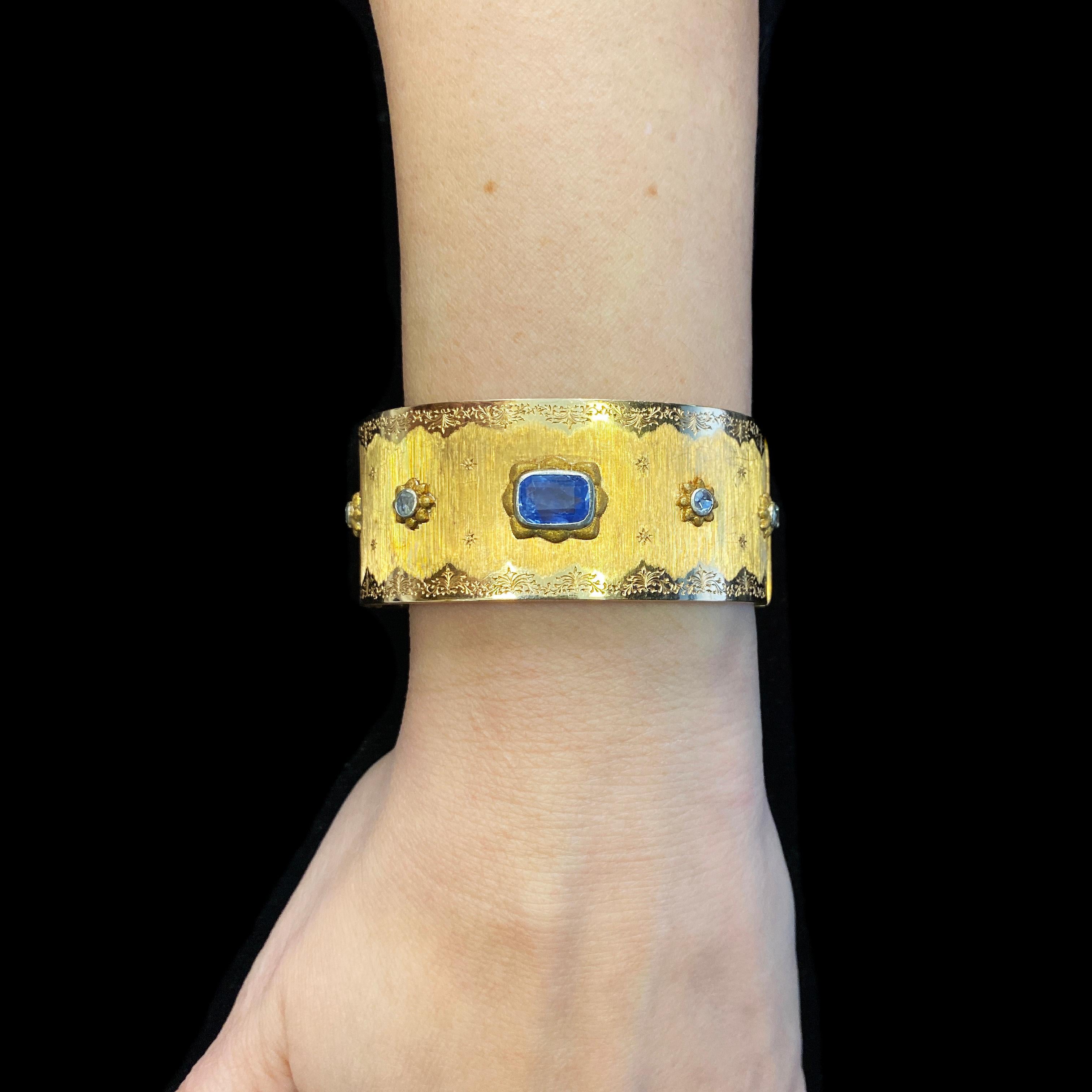 Cushion Cut Buccellati Yellow Gold and Rose Cut Diamond Cuff Bracelet with Sapphire Center