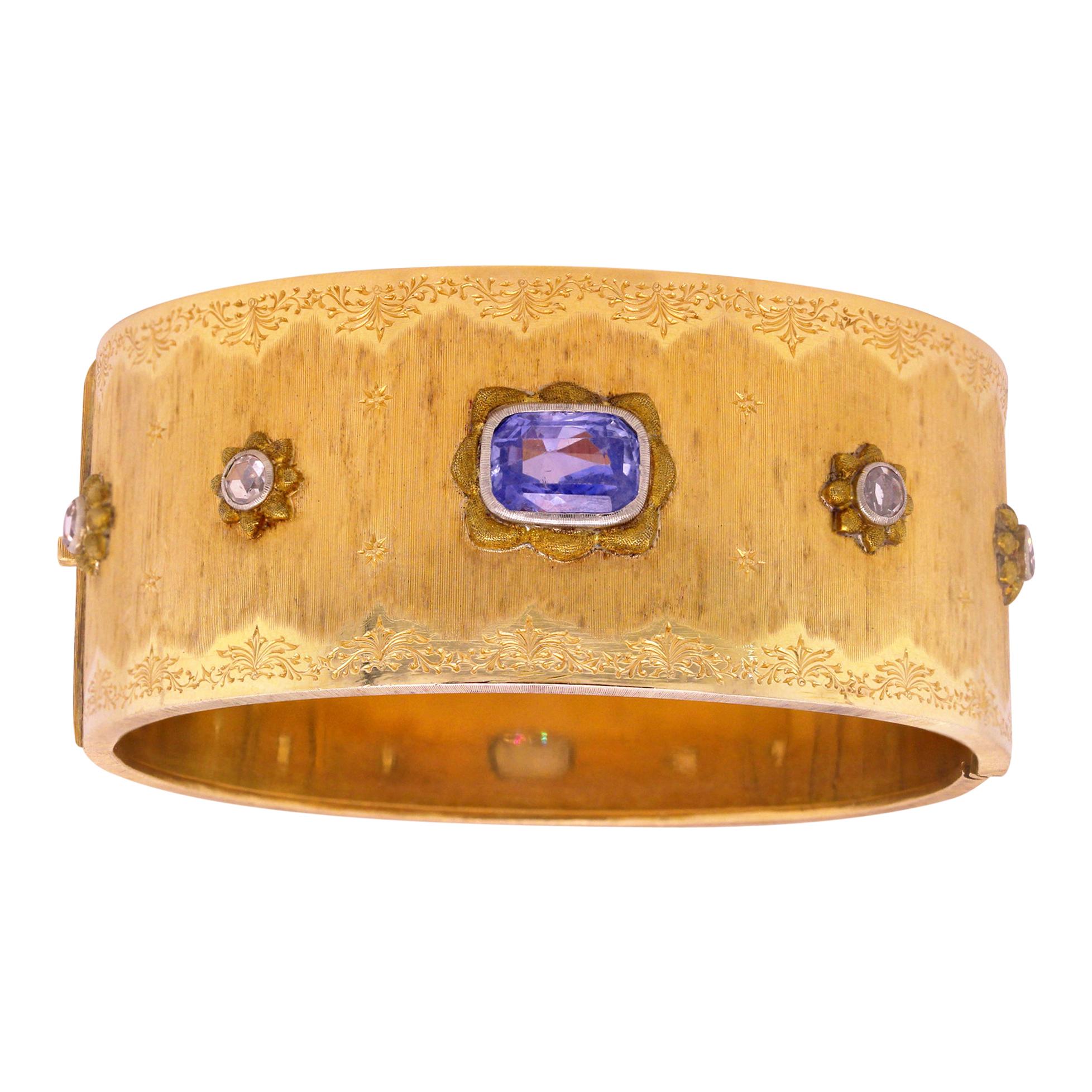 Buccellati Yellow Gold and Rose Cut Diamond Cuff Bracelet with Sapphire  Center For Sale at 1stDibs | buccellati cuff bracelet, buccellati jewelry  prices, buccelatti