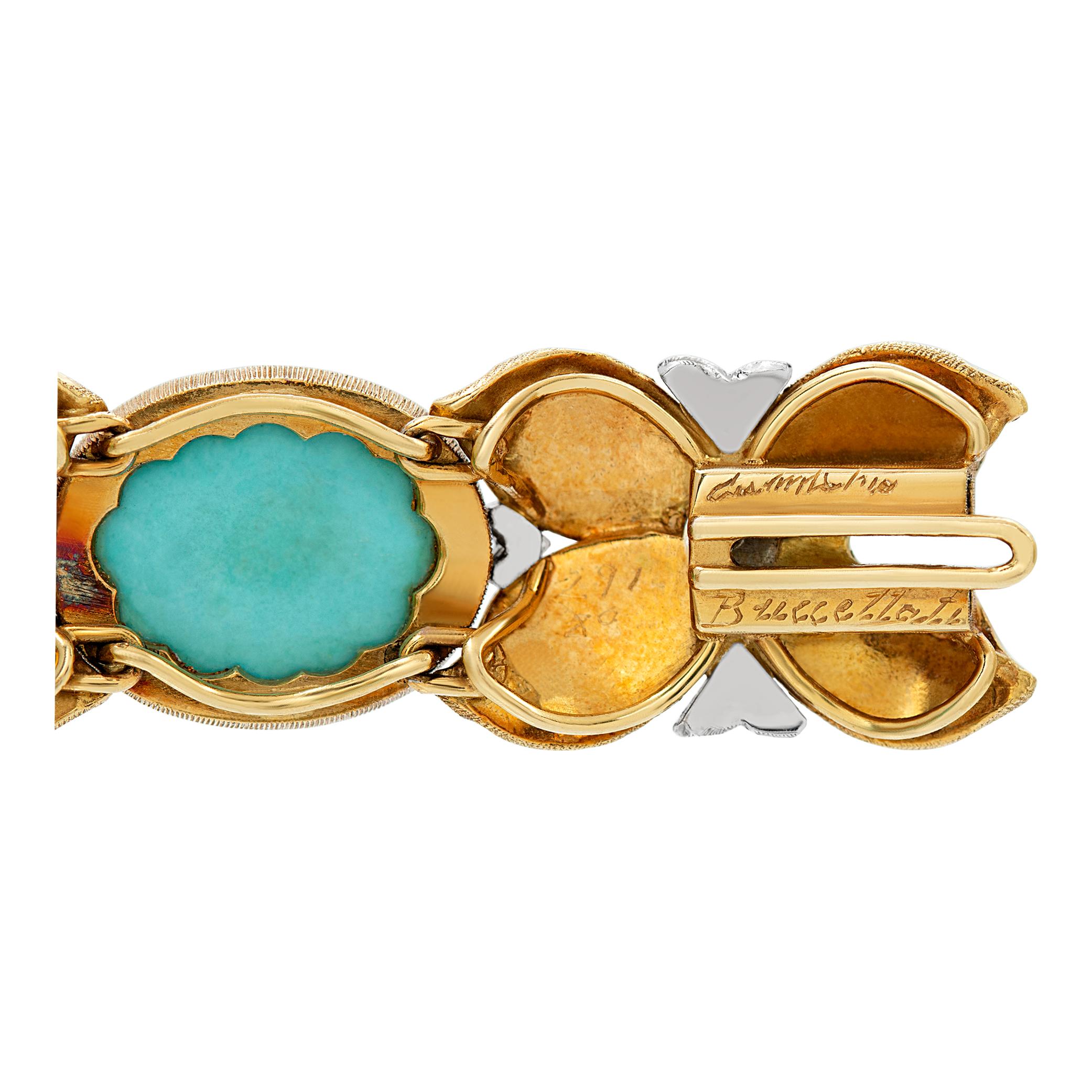 Buccellati leaf design pearl and turquoise bracelet in 18k yellow and white gold. 6mm pearls. 7.25 inches long, 0.50 inches wide. Circa 1970's.