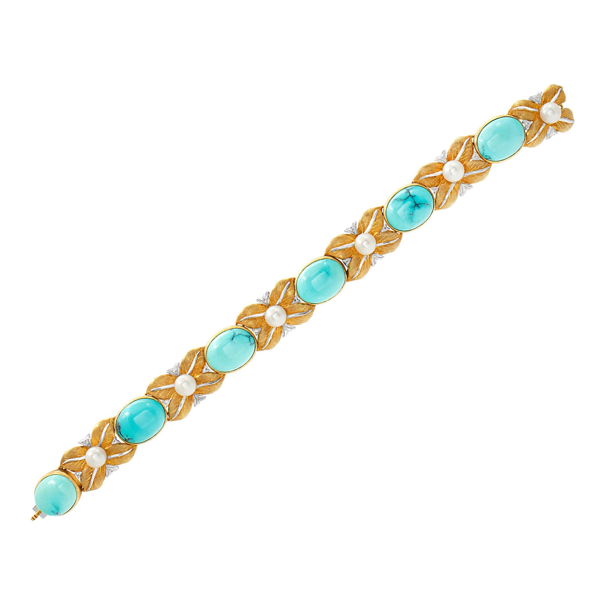 Art Deco Buccellatti Leaf Motif Pearl and Turquoise Bracelet in 18k For Sale
