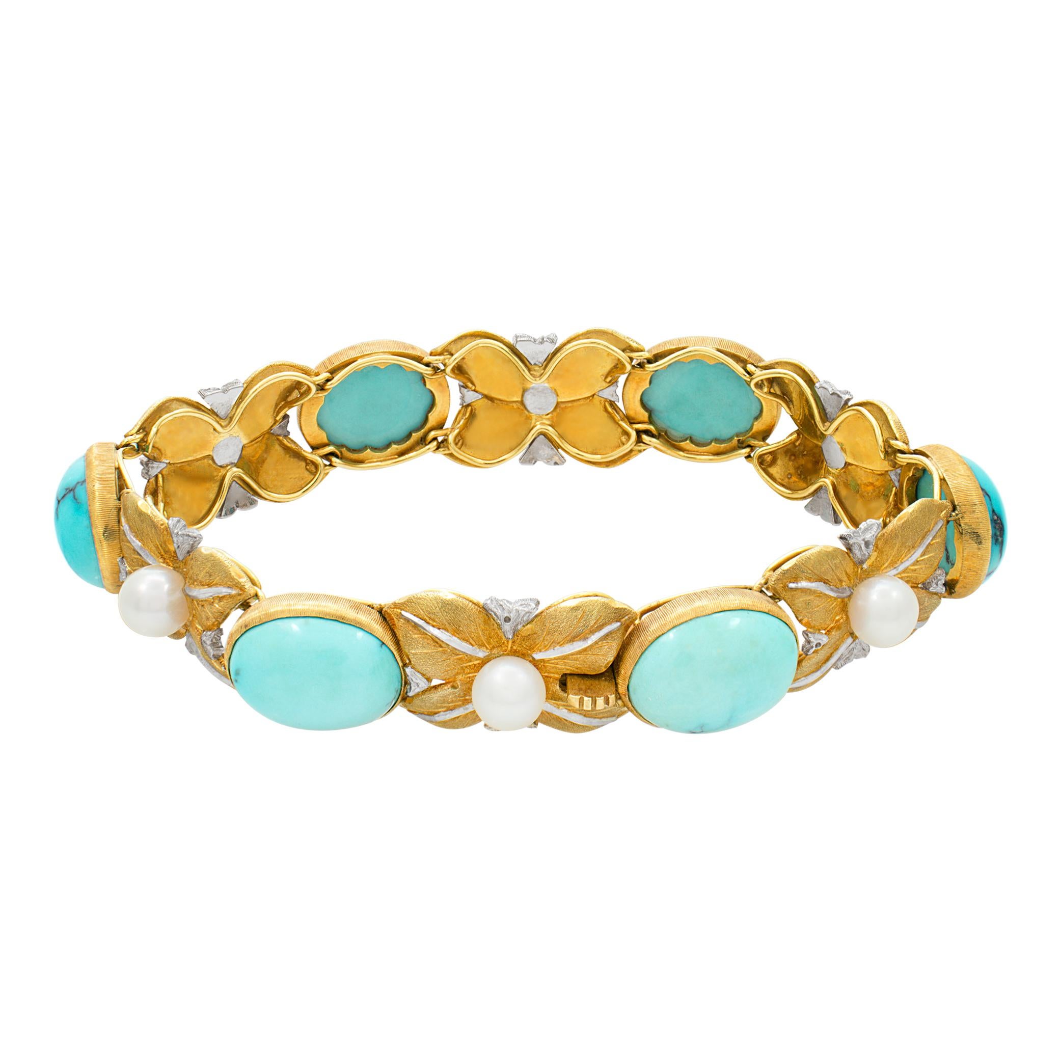 Buccellatti Leaf Motif Pearl and Turquoise Bracelet in 18k In Excellent Condition For Sale In Surfside, FL