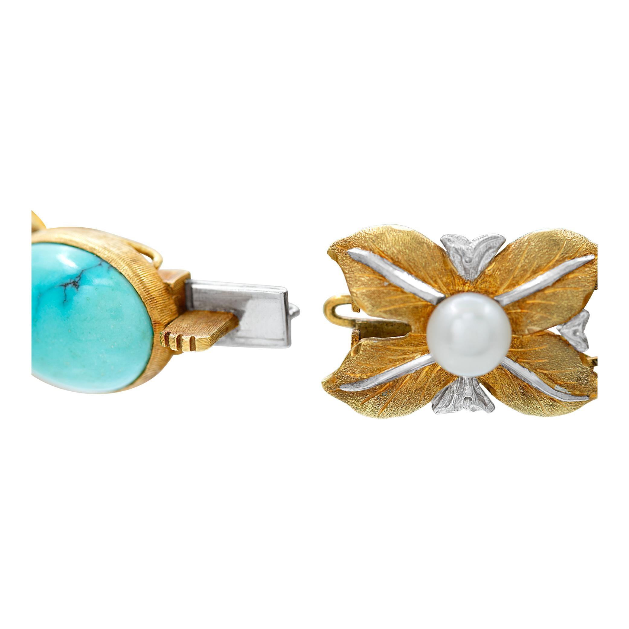Buccellatti Leaf Motif Pearl and Turquoise Bracelet in 18k For Sale 1