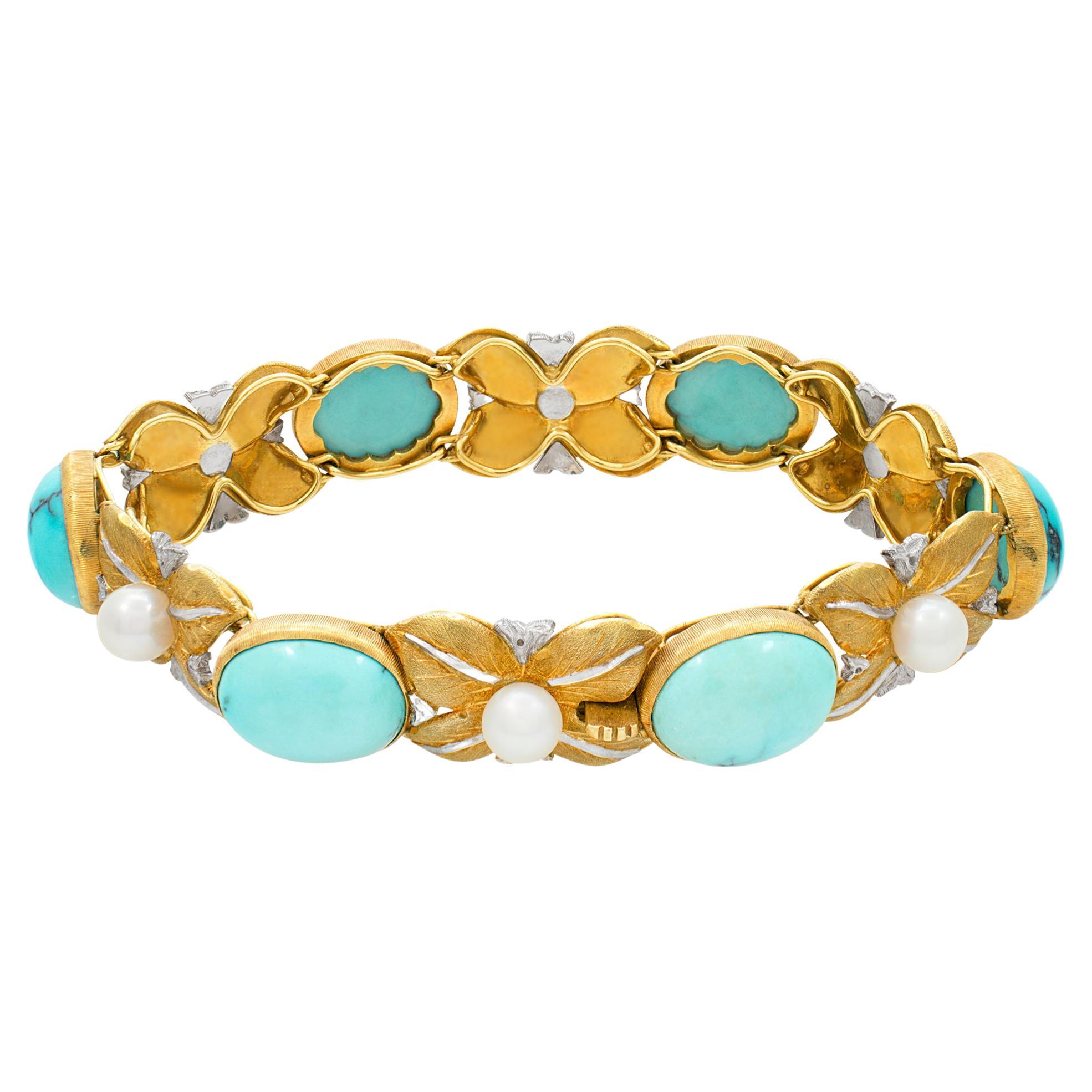 Buccellatti Leaf Motif Pearl and Turquoise Bracelet in 18k For Sale